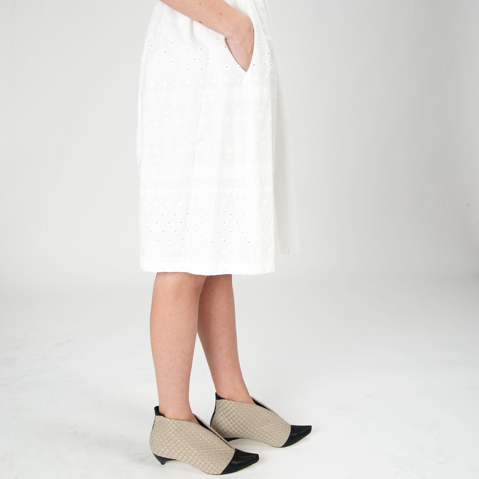 3152 linen and leather booties; grey and black