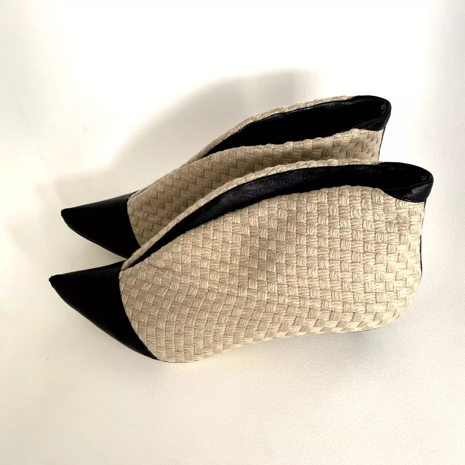 3152 linen and leather booties; grey and black