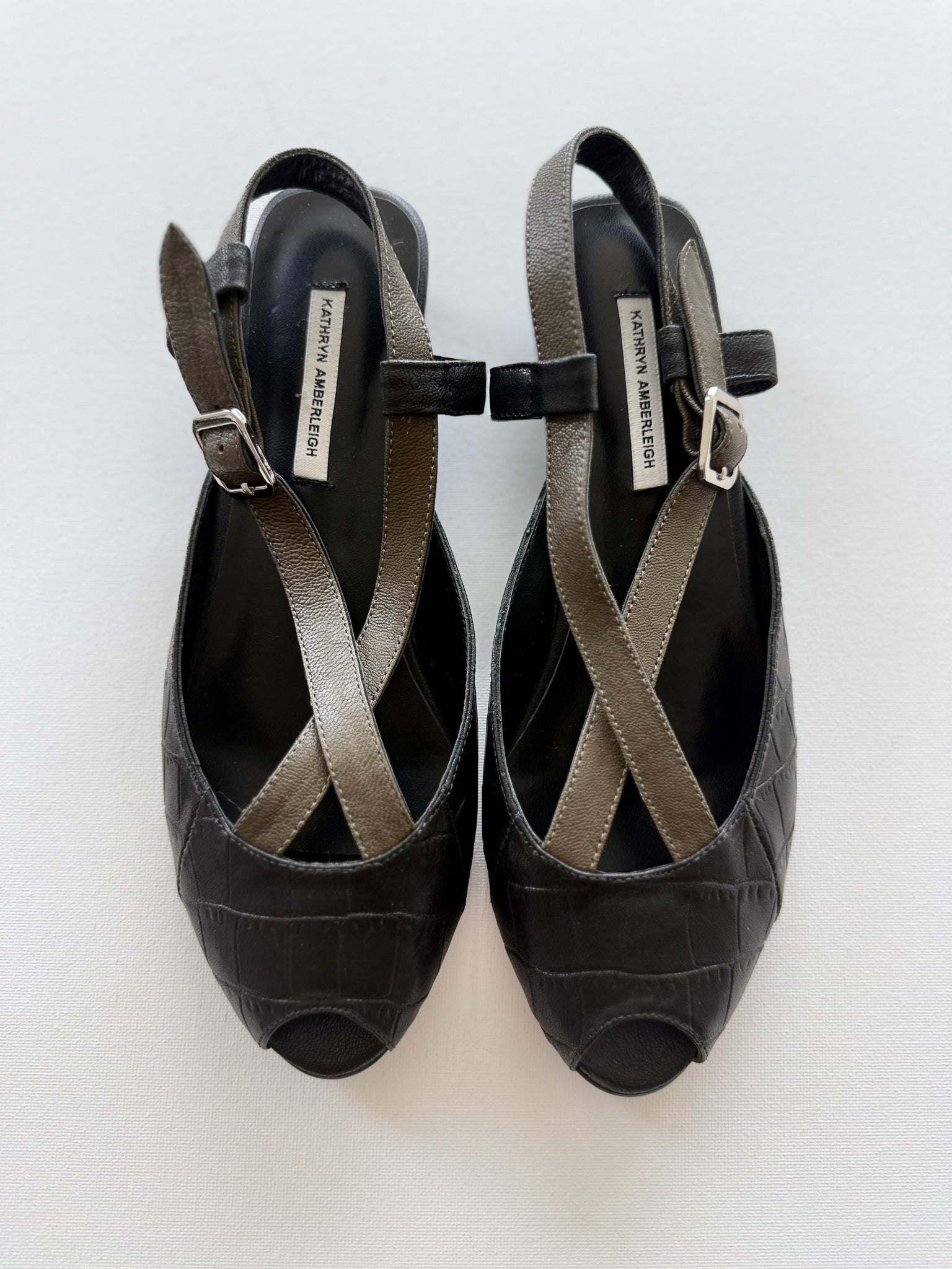 J005 alligator and lamb slingbacks; ebony and olive
