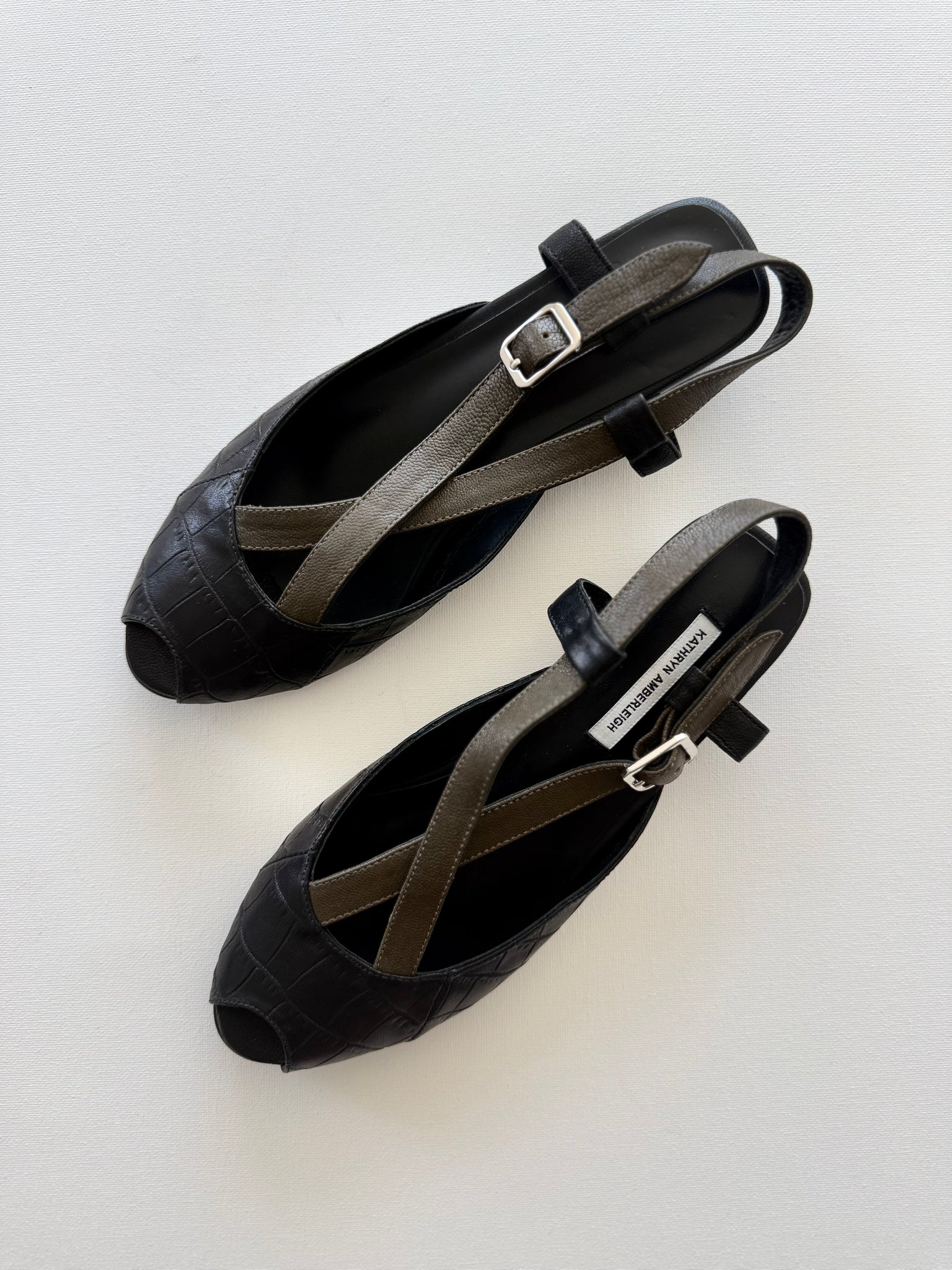 J005 alligator and lamb slingbacks; ebony and olive