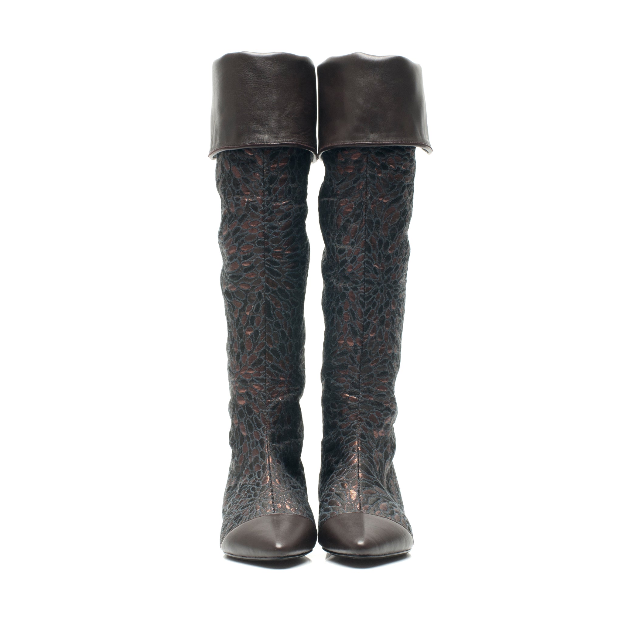 J560 jacquard and leather boots; copper chocolate