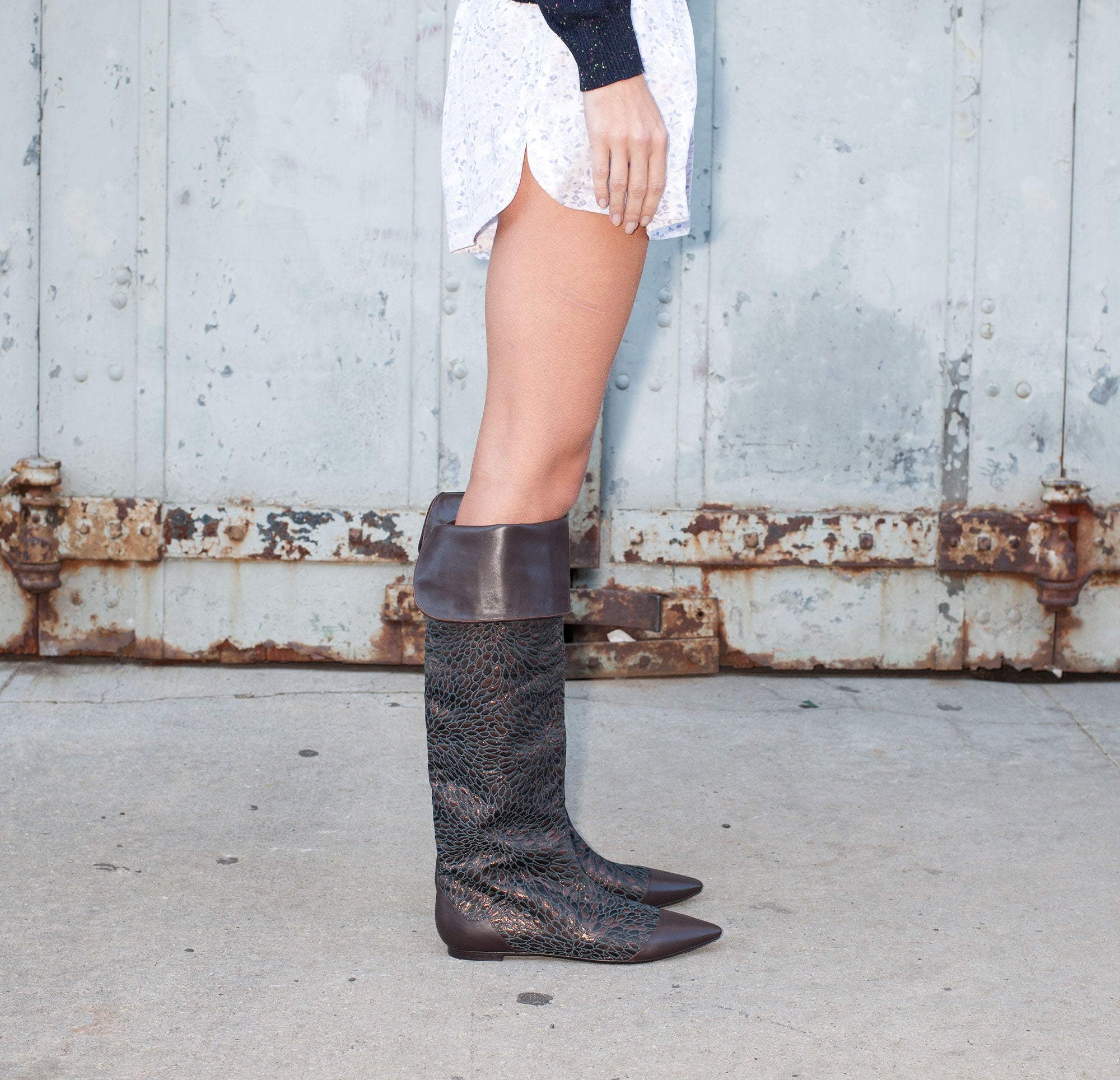 J560 jacquard and leather boots; copper chocolate