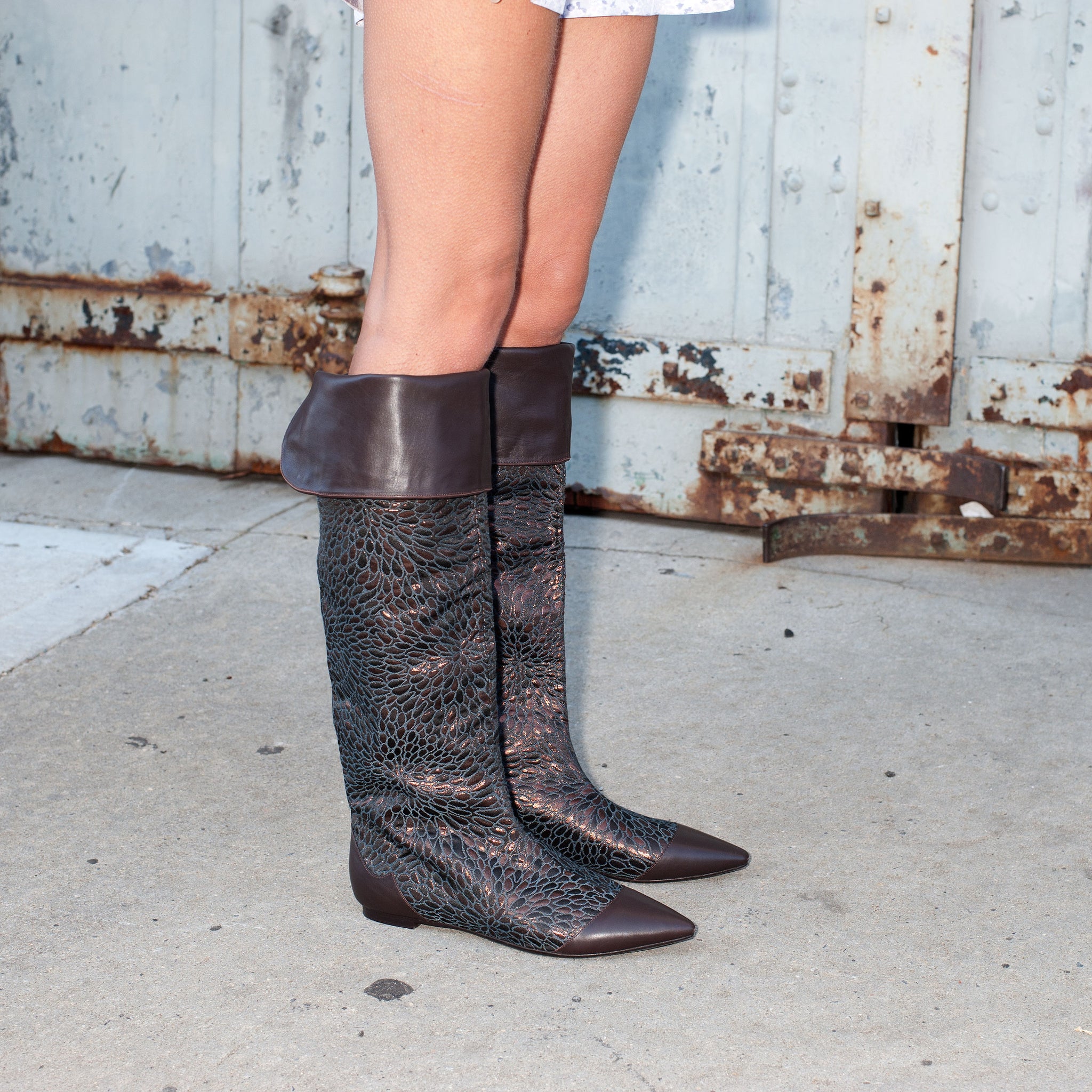 J560 jacquard and leather boots; copper chocolate