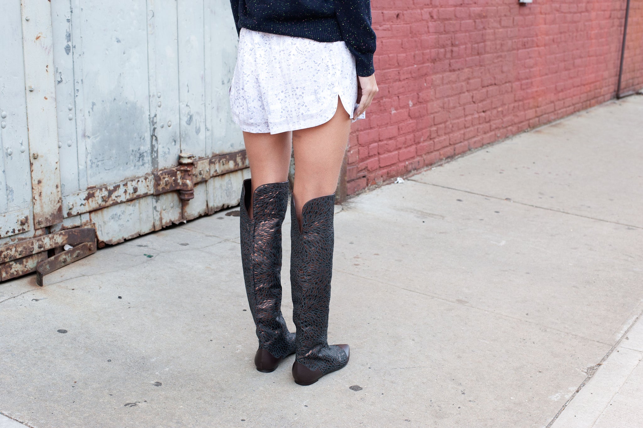 J560 jacquard and leather boots; copper chocolate