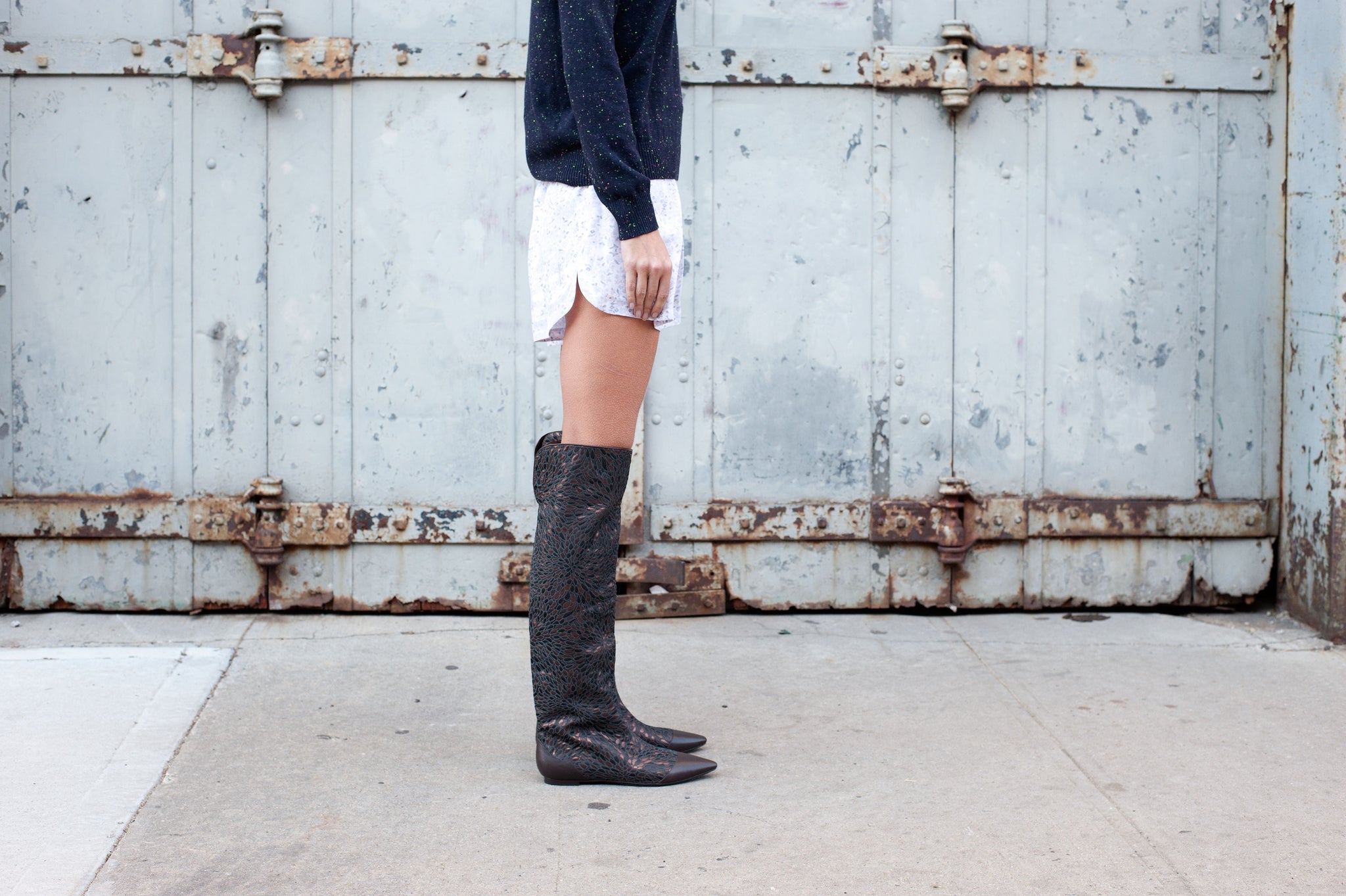 J560 jacquard and leather boots; copper chocolate