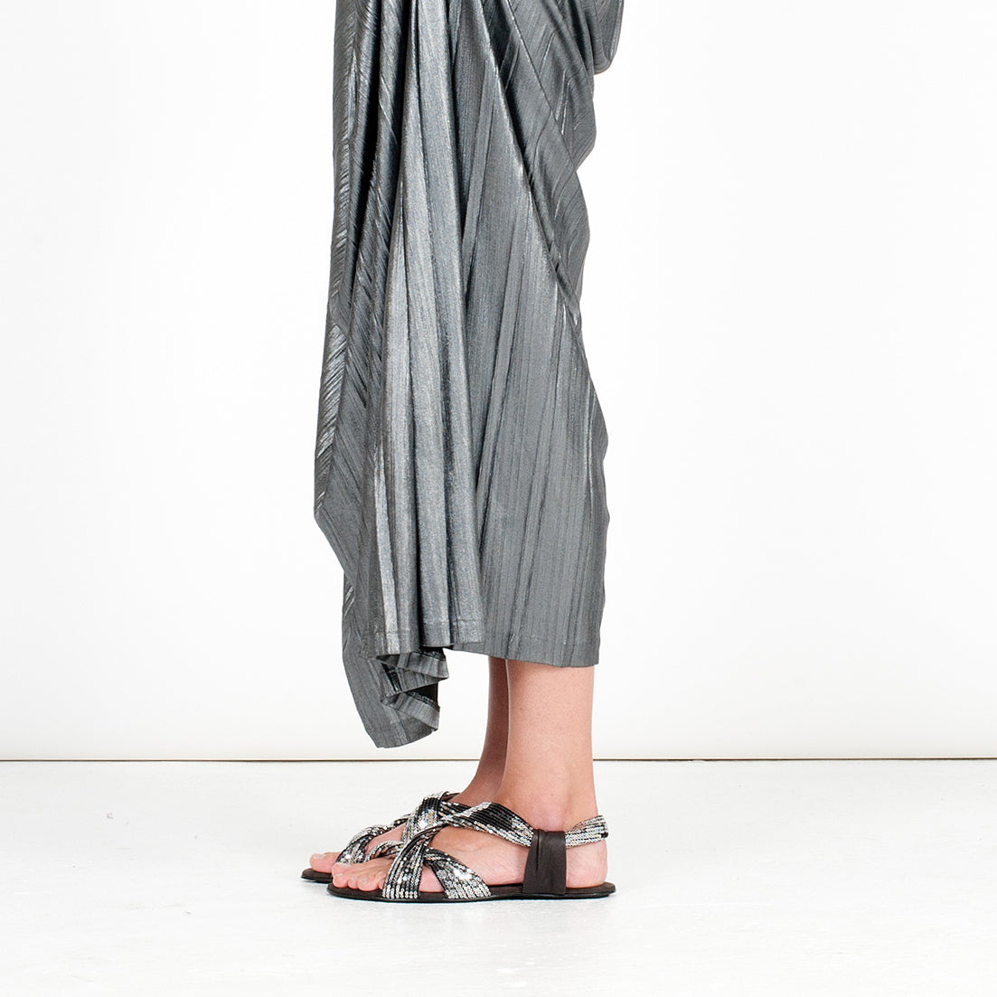 7903 sequin and leather slides; silver and chocolate