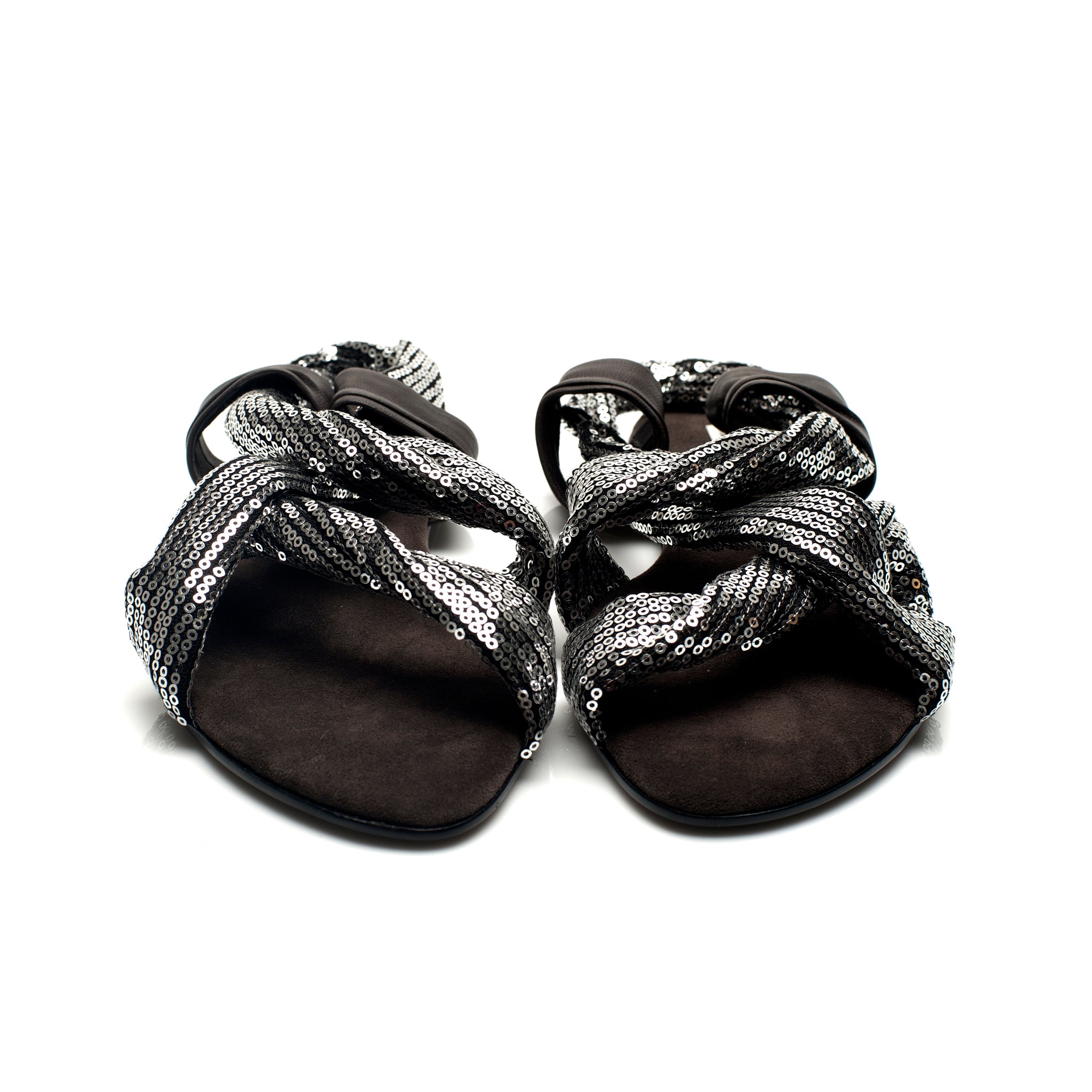 7903 sequin and leather slides; silver and chocolate