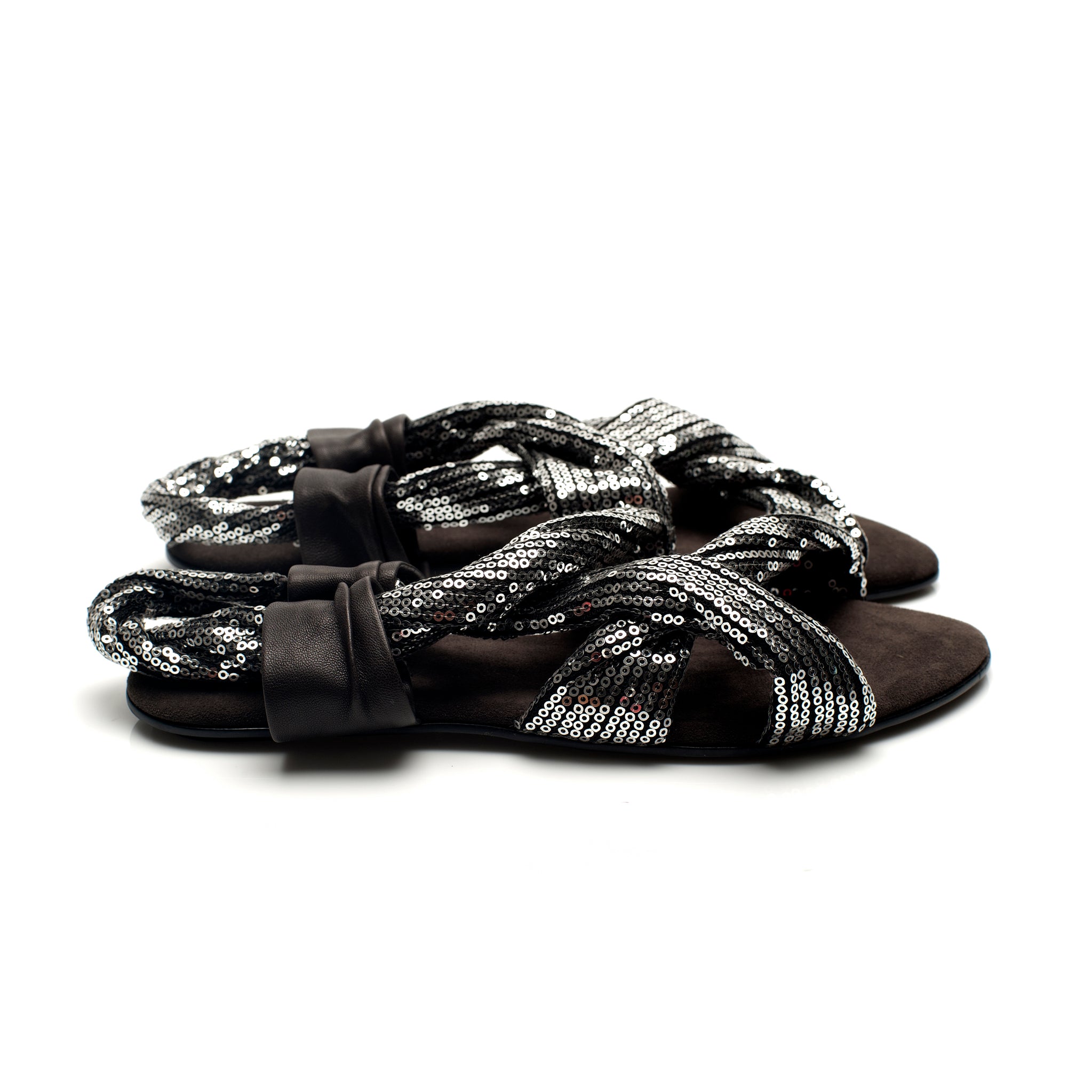 7903 sequin and leather slides; silver and chocolate