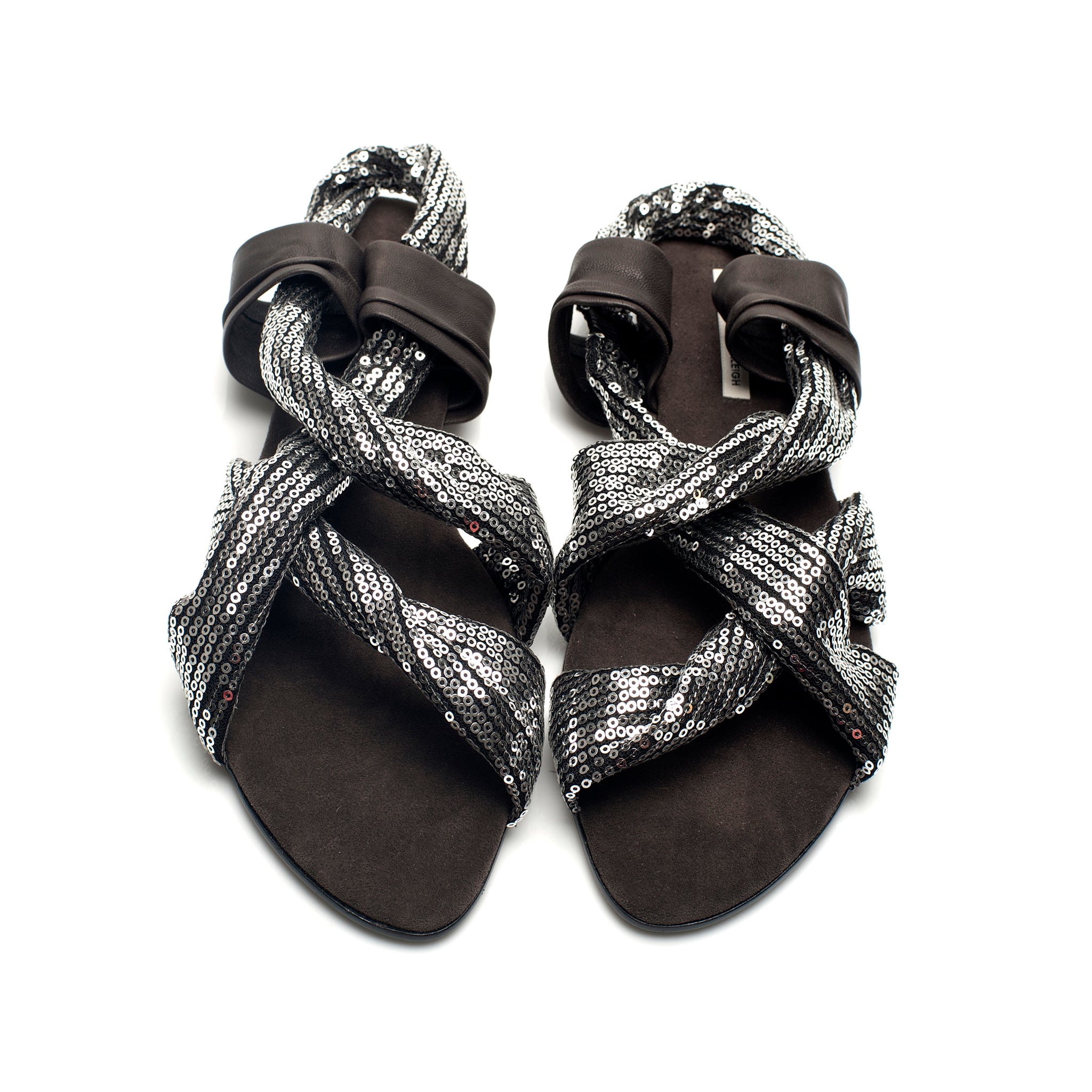 7903 sequin and leather slides; silver and chocolate