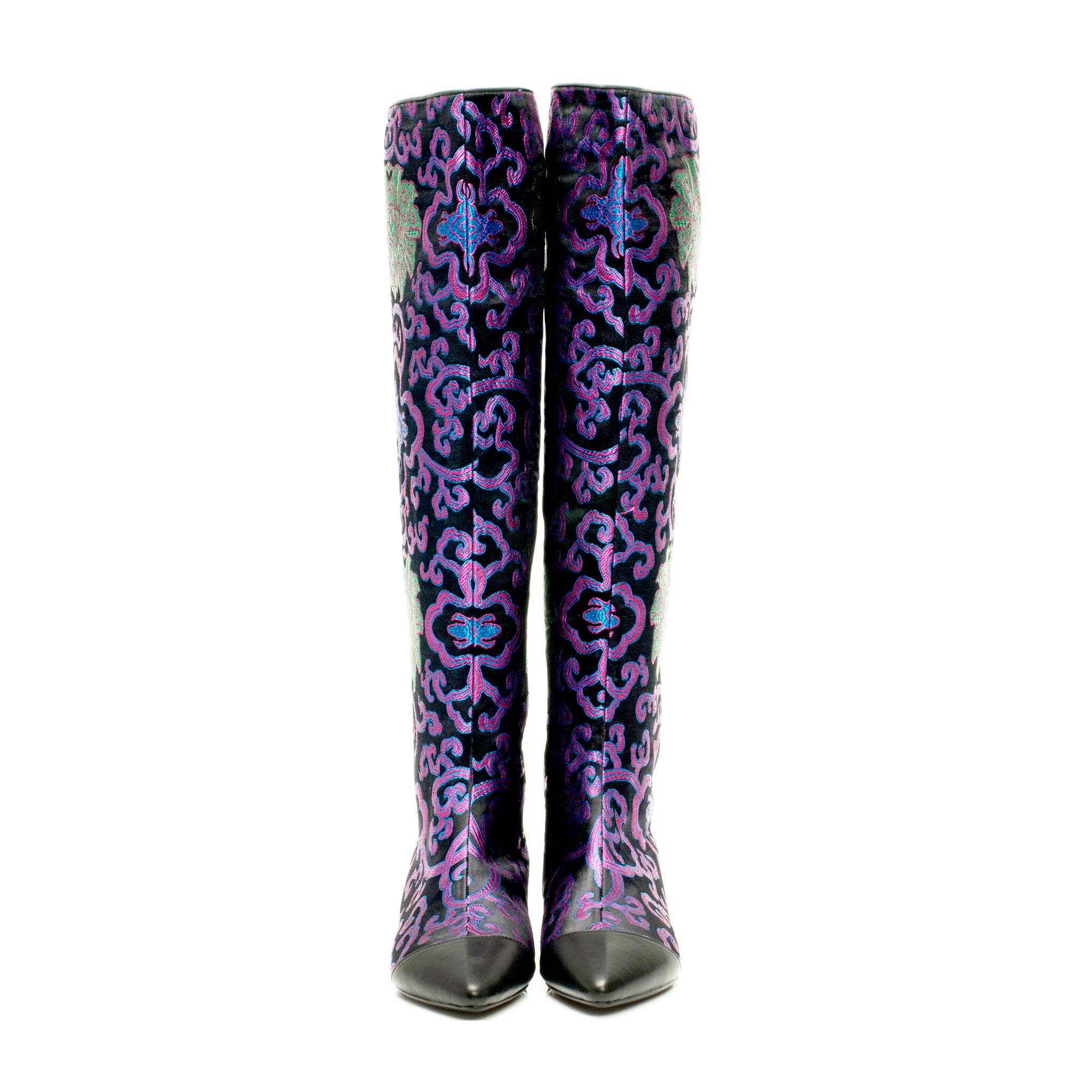 J560 jacquard and leather boots; black and purple