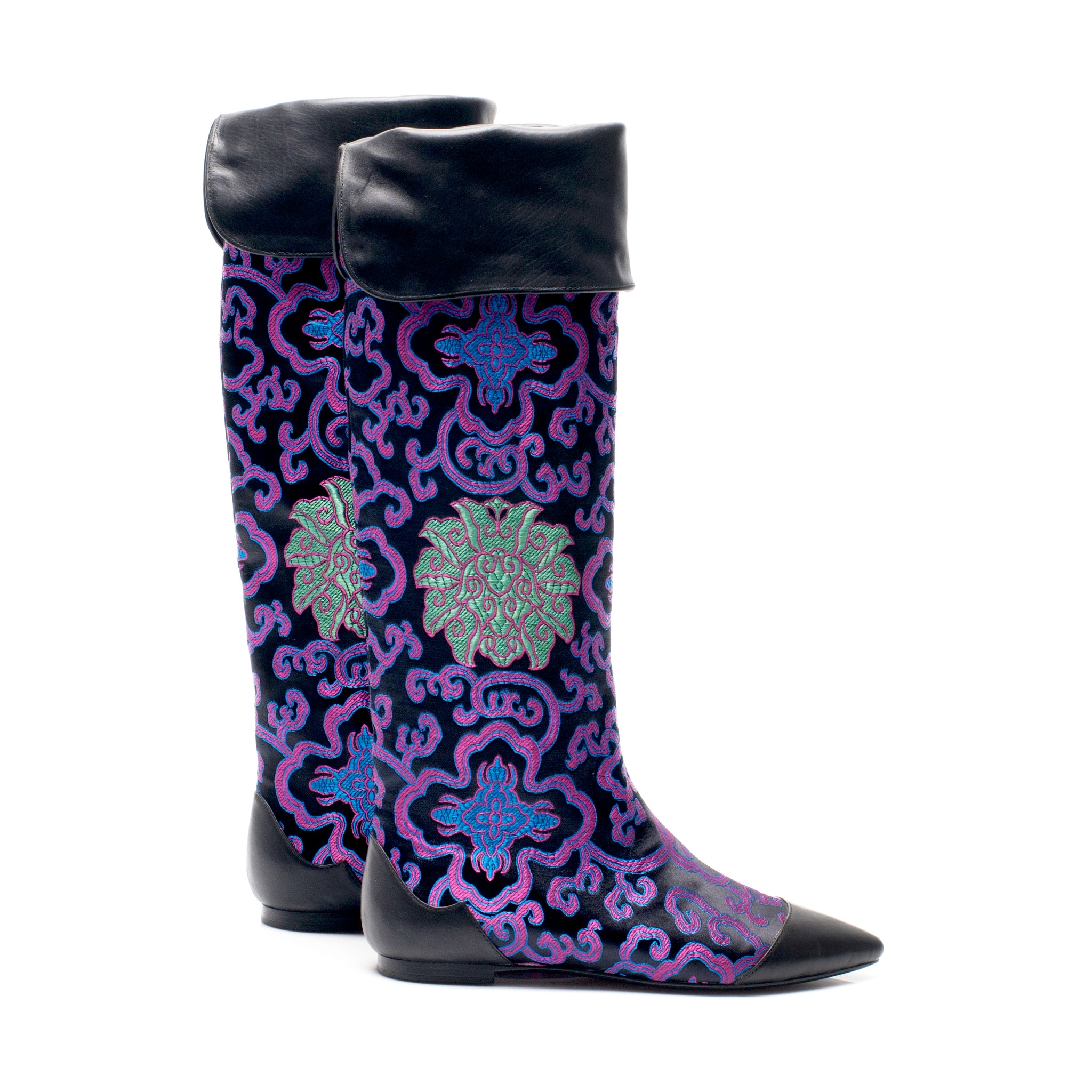 J560 jacquard and leather boots; black and purple
