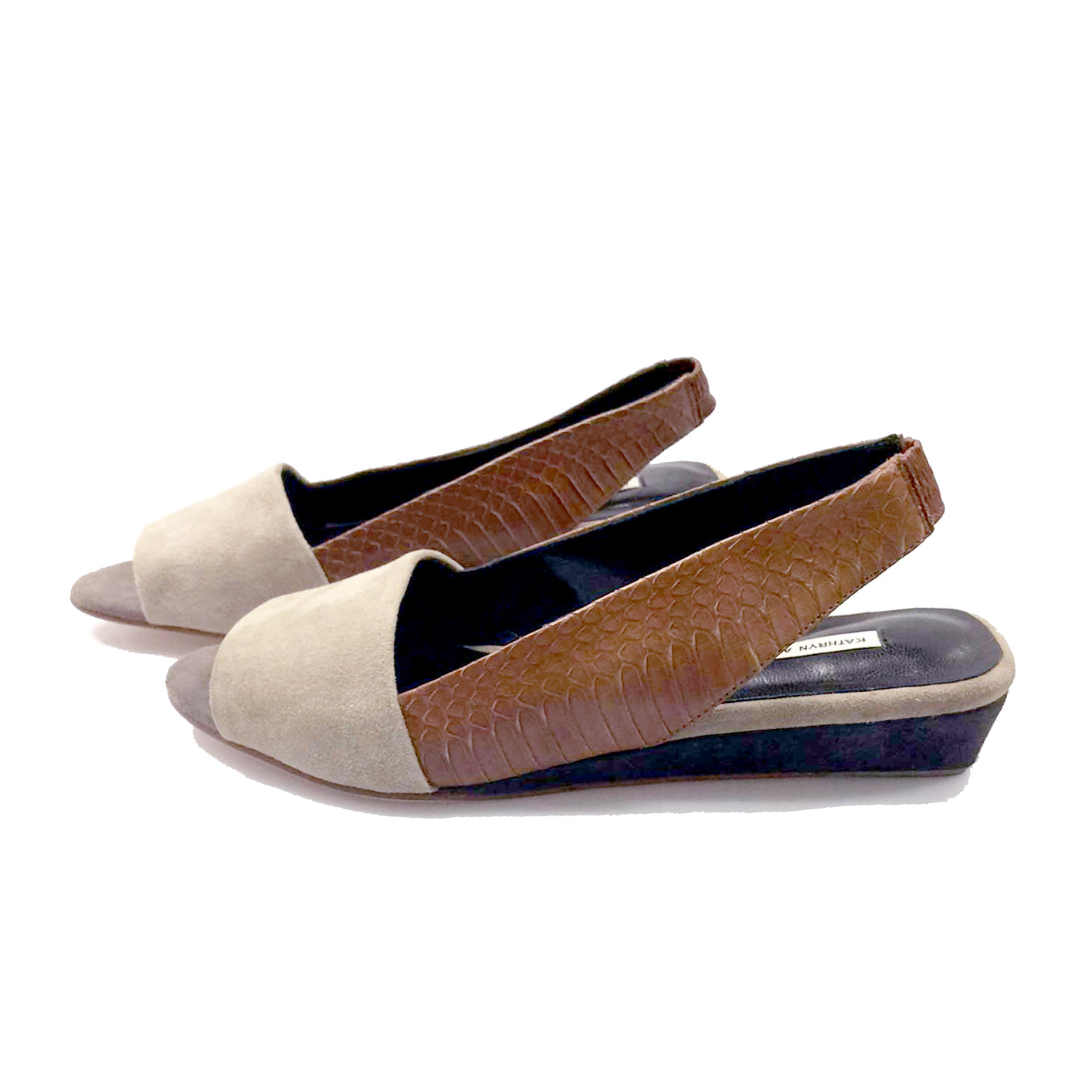 K432 leather slingbacks; taupe and oak snake