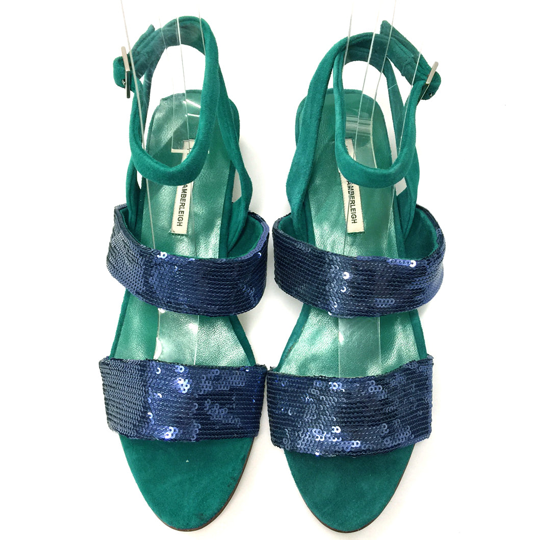J086 sequin and suede sandals; marine and green