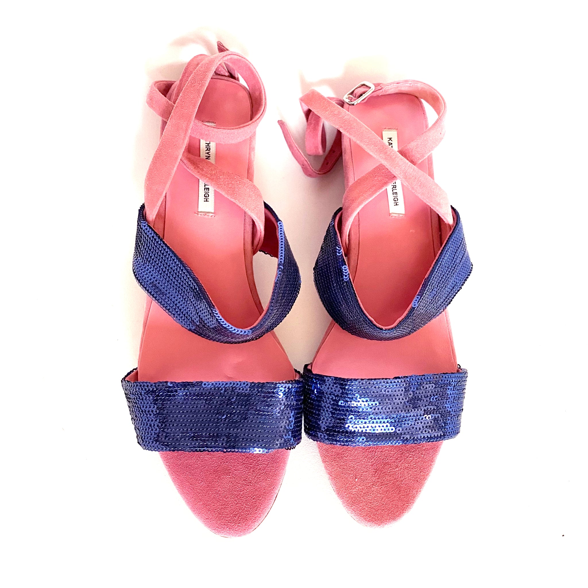 J086 sequin and suede sandals; marine and pink