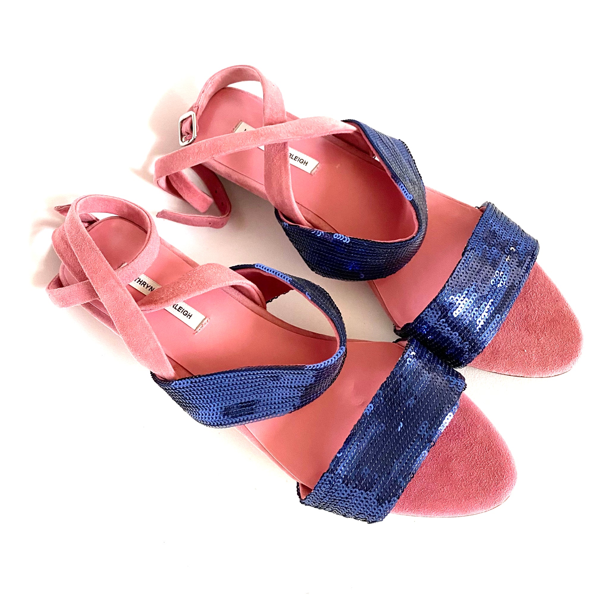 J086 sequin and suede sandals; marine and pink