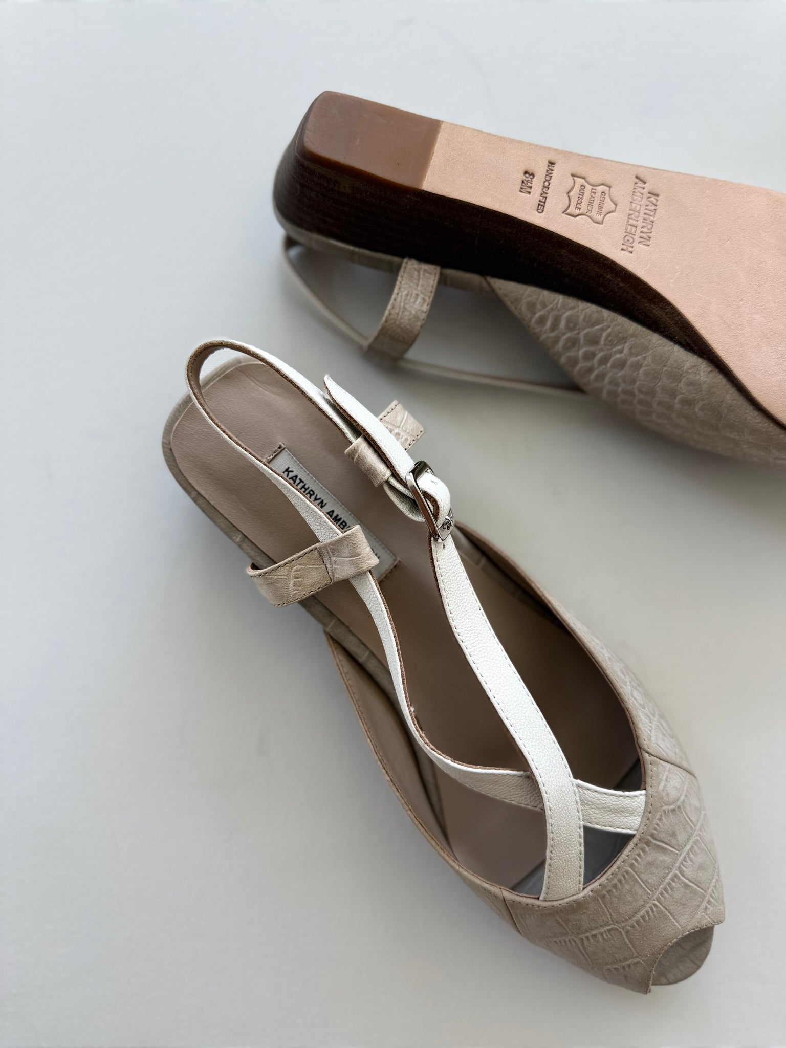 J005 leather slingbacks; nude and white