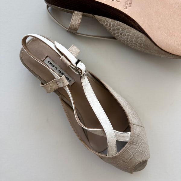 J005 leather slingbacks; nude and white