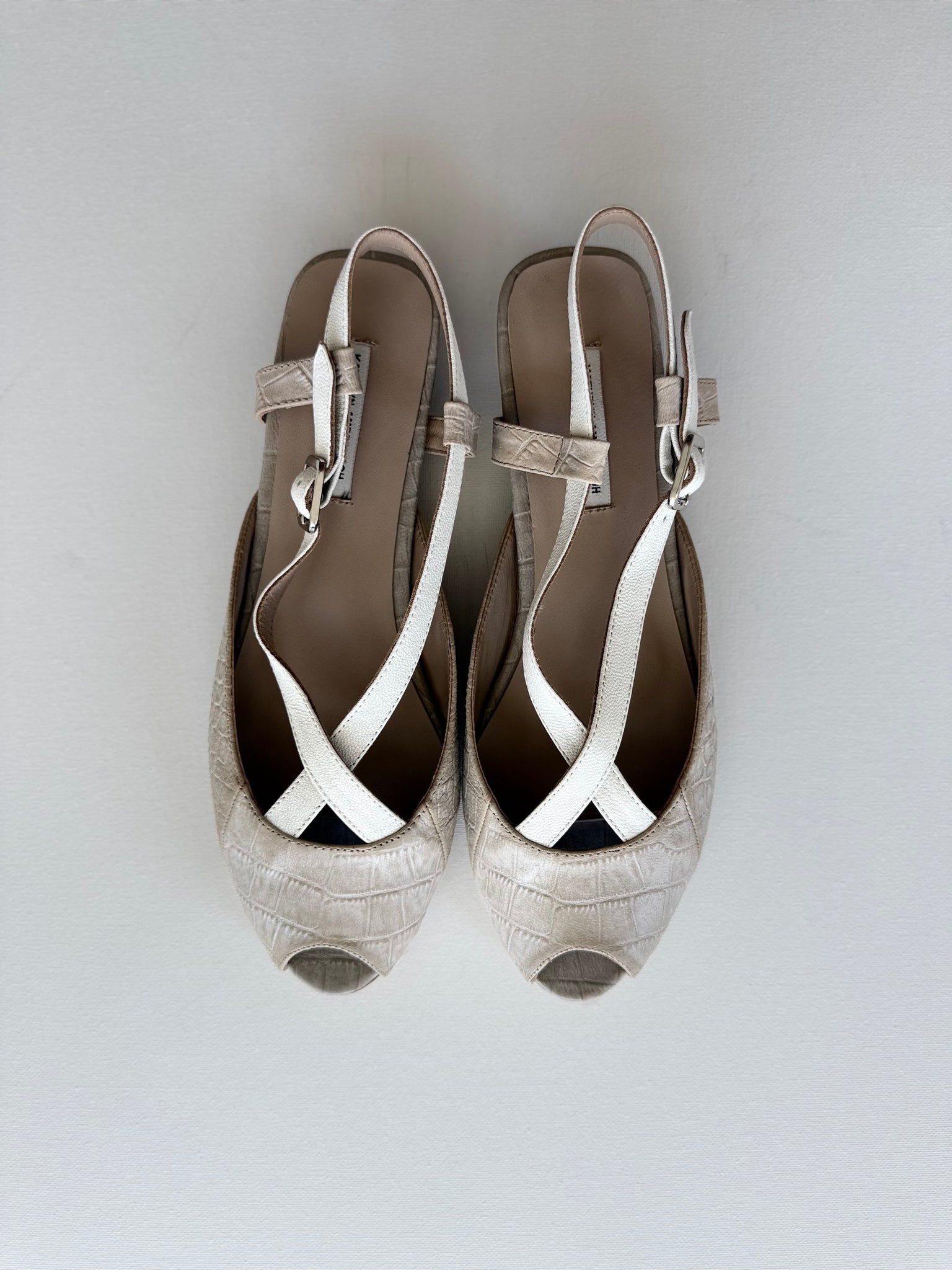 J005 leather slingbacks; nude and white