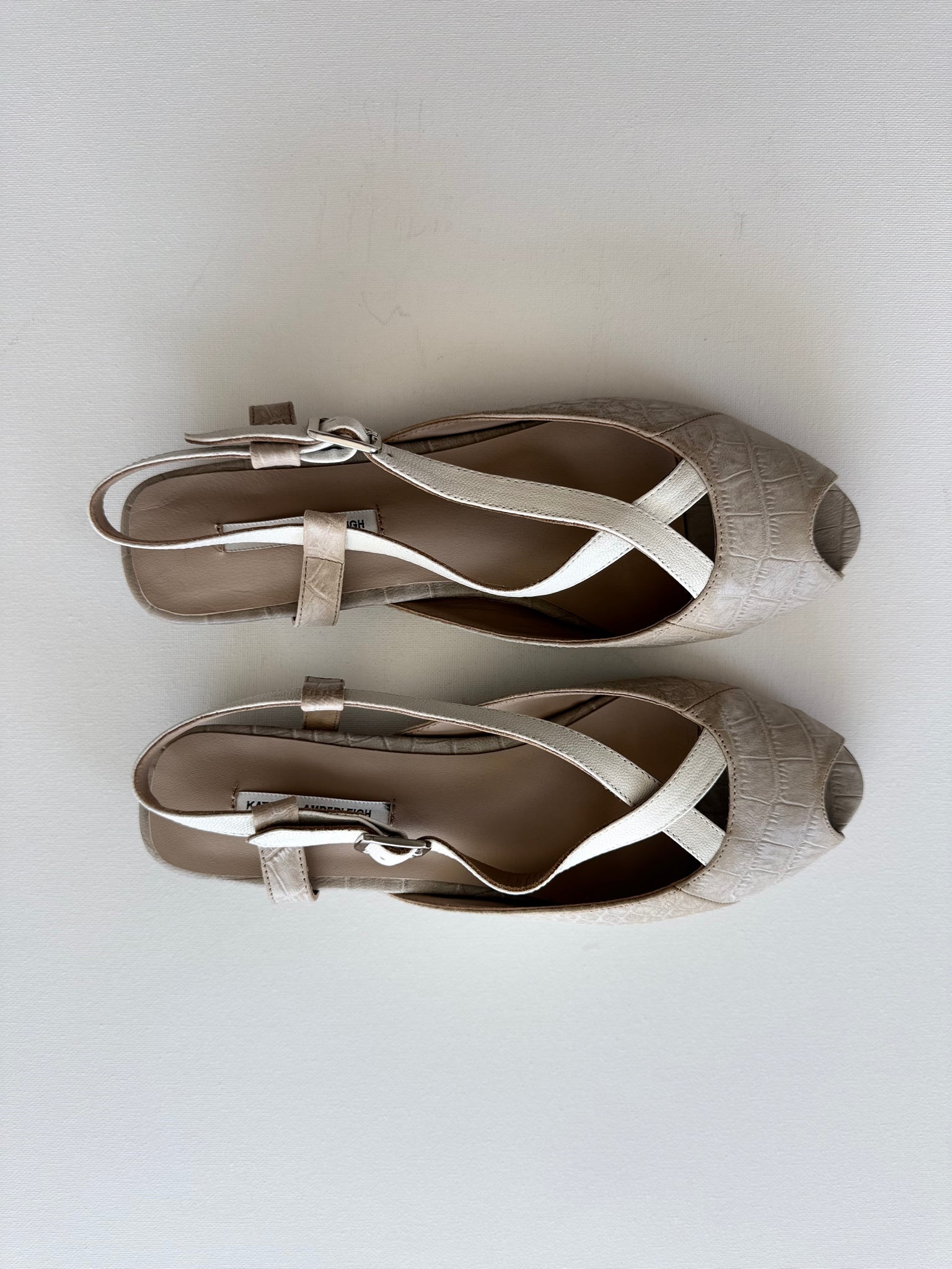 J005 leather slingbacks; nude and white