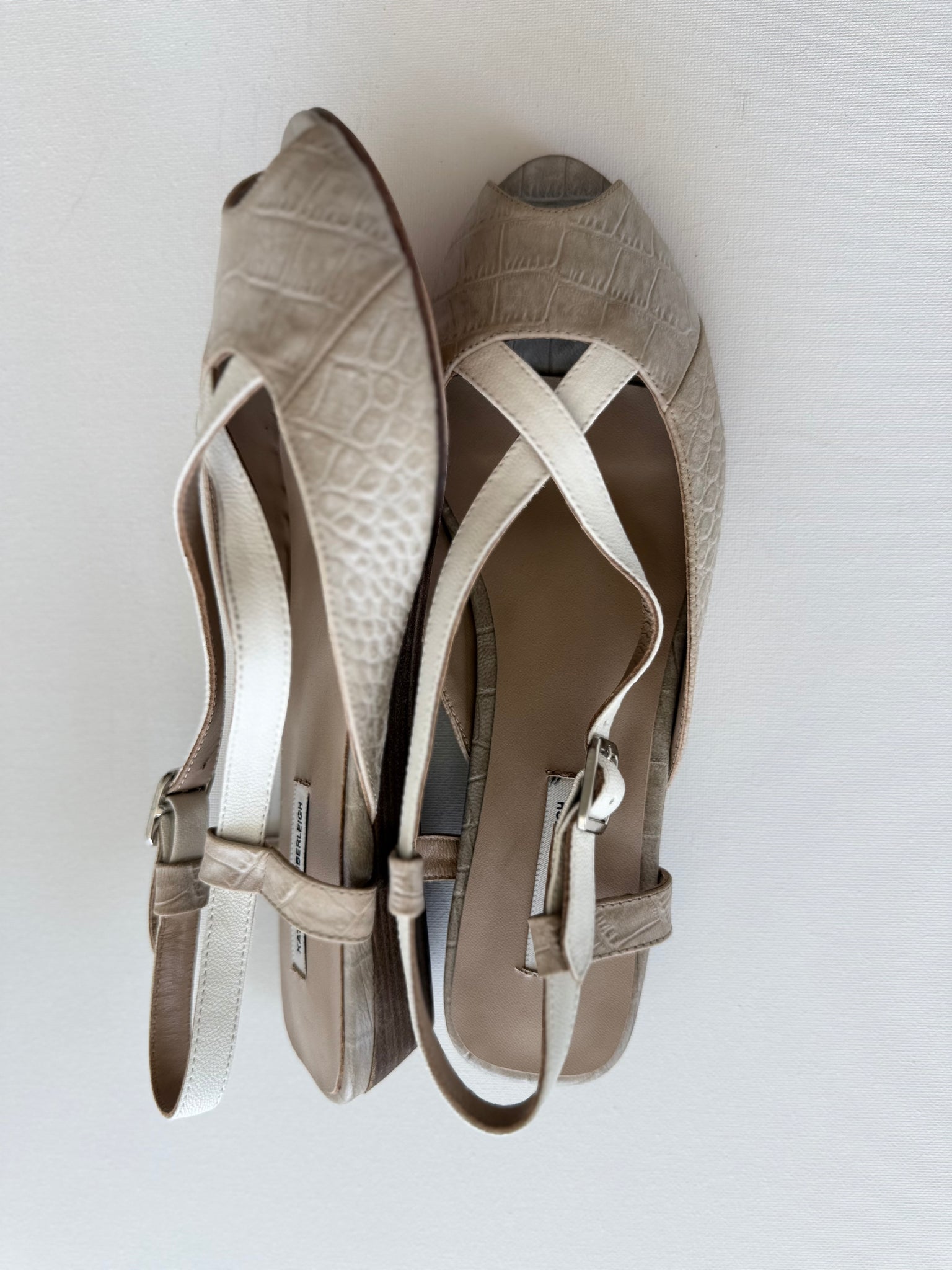 J005 leather slingbacks; nude and white