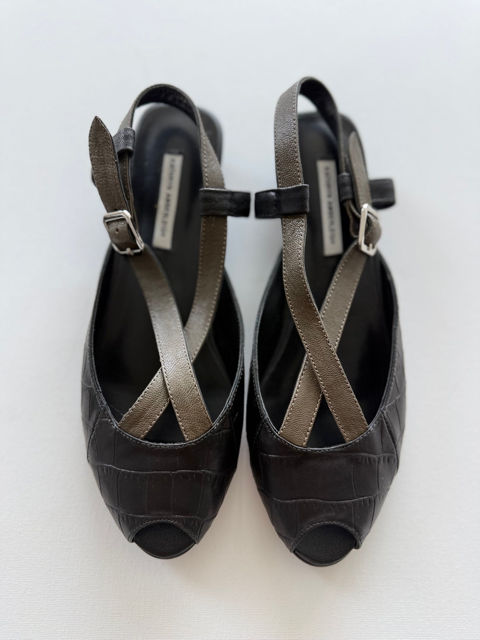 J005 alligator and lamb slingbacks; ebony and olive