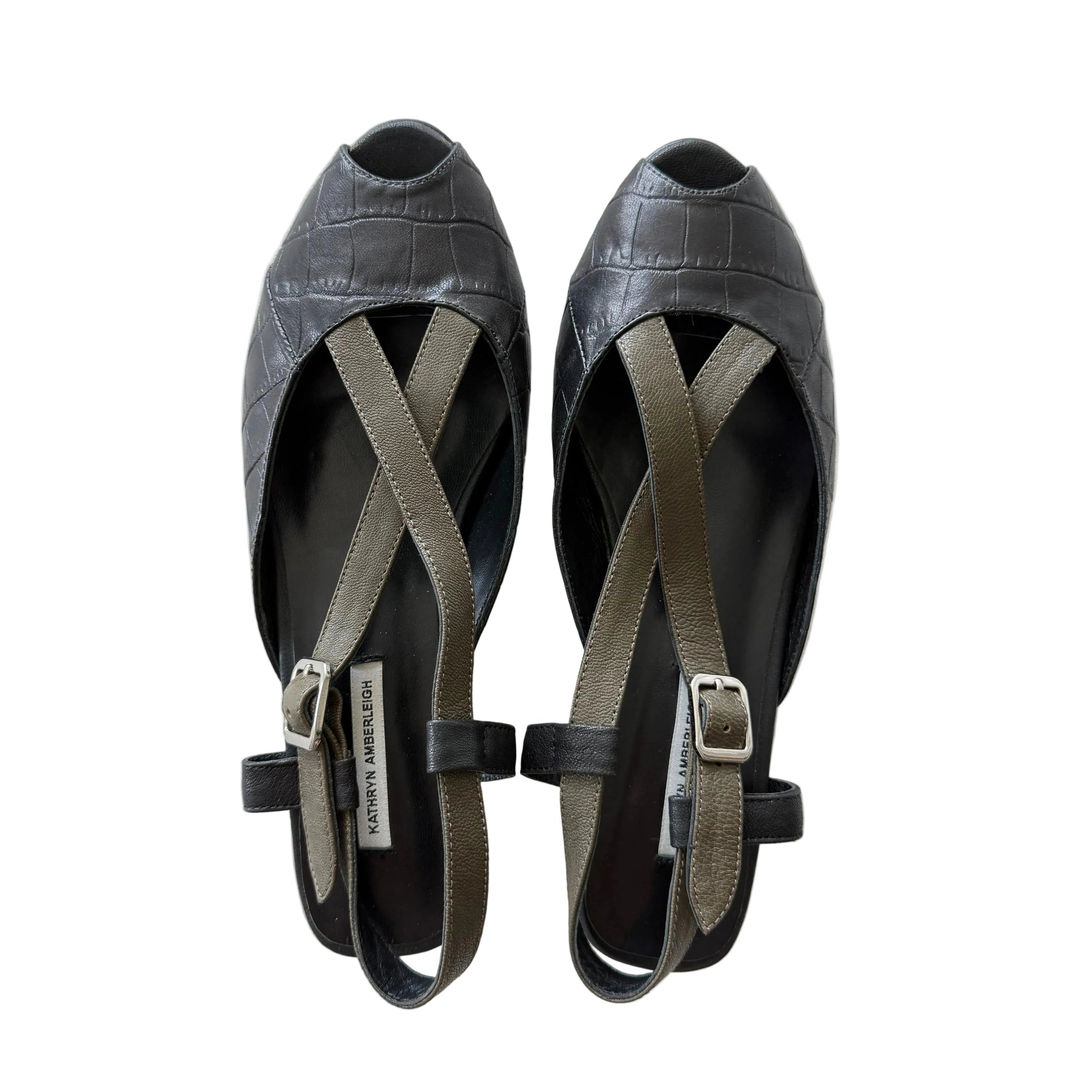 J005 alligator and lamb slingbacks; ebony and olive