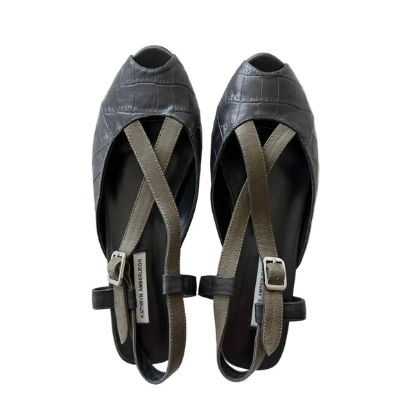 J005 alligator and lamb slingbacks; ebony and olive