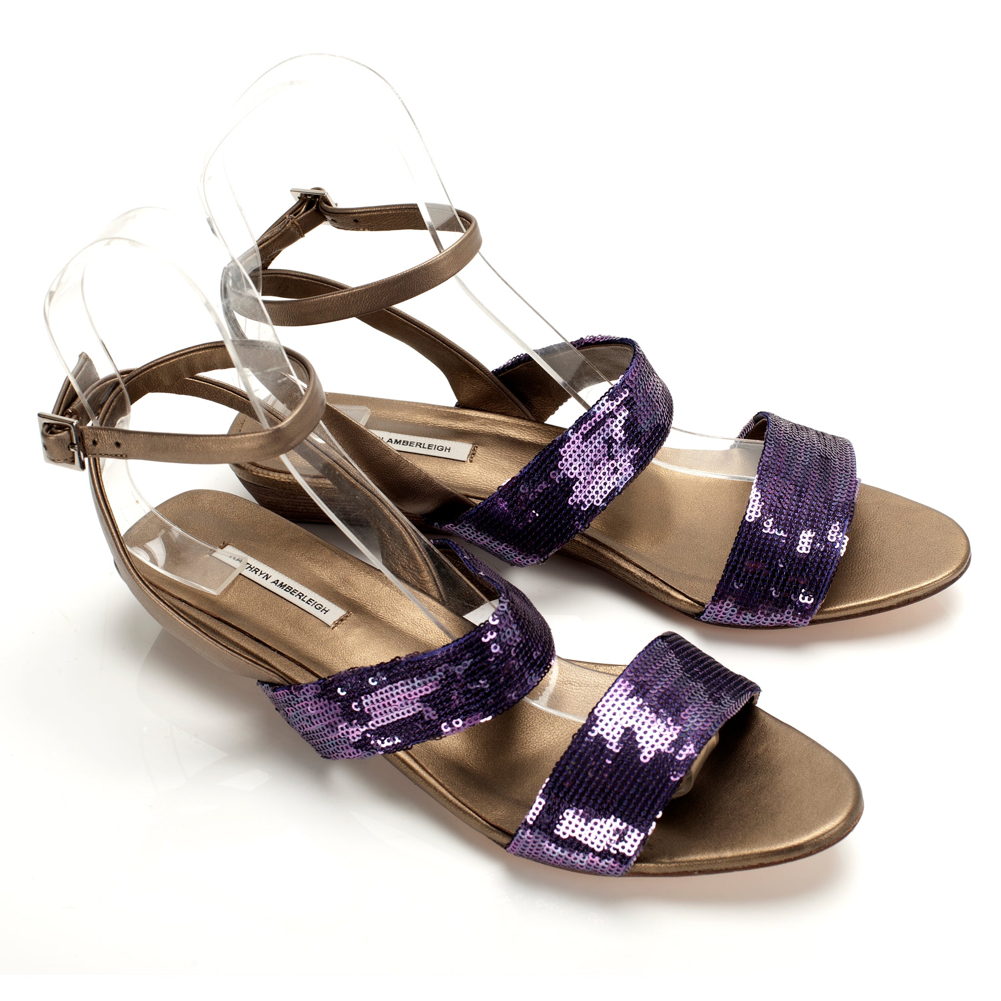 J086 sequin and leather sandals; purple and bronze