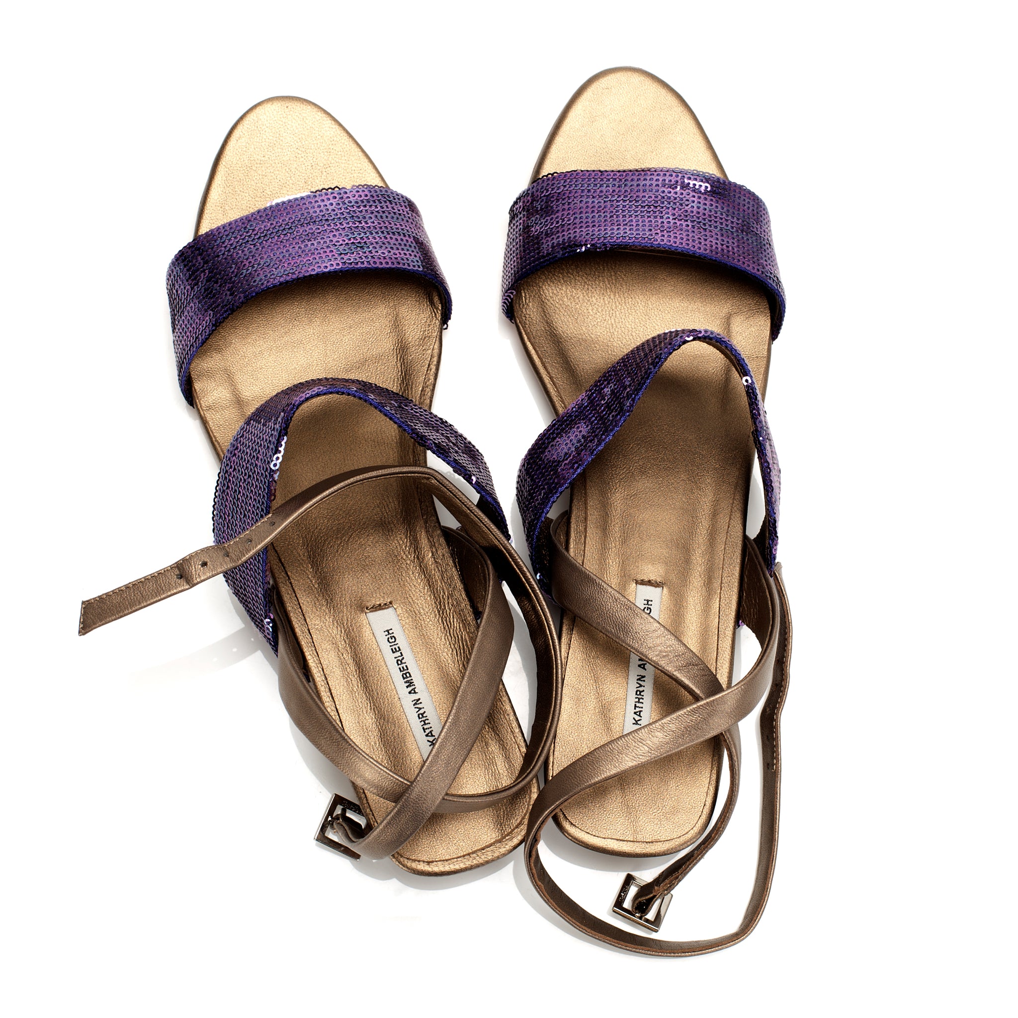 J086 sequin and leather sandals; purple and bronze