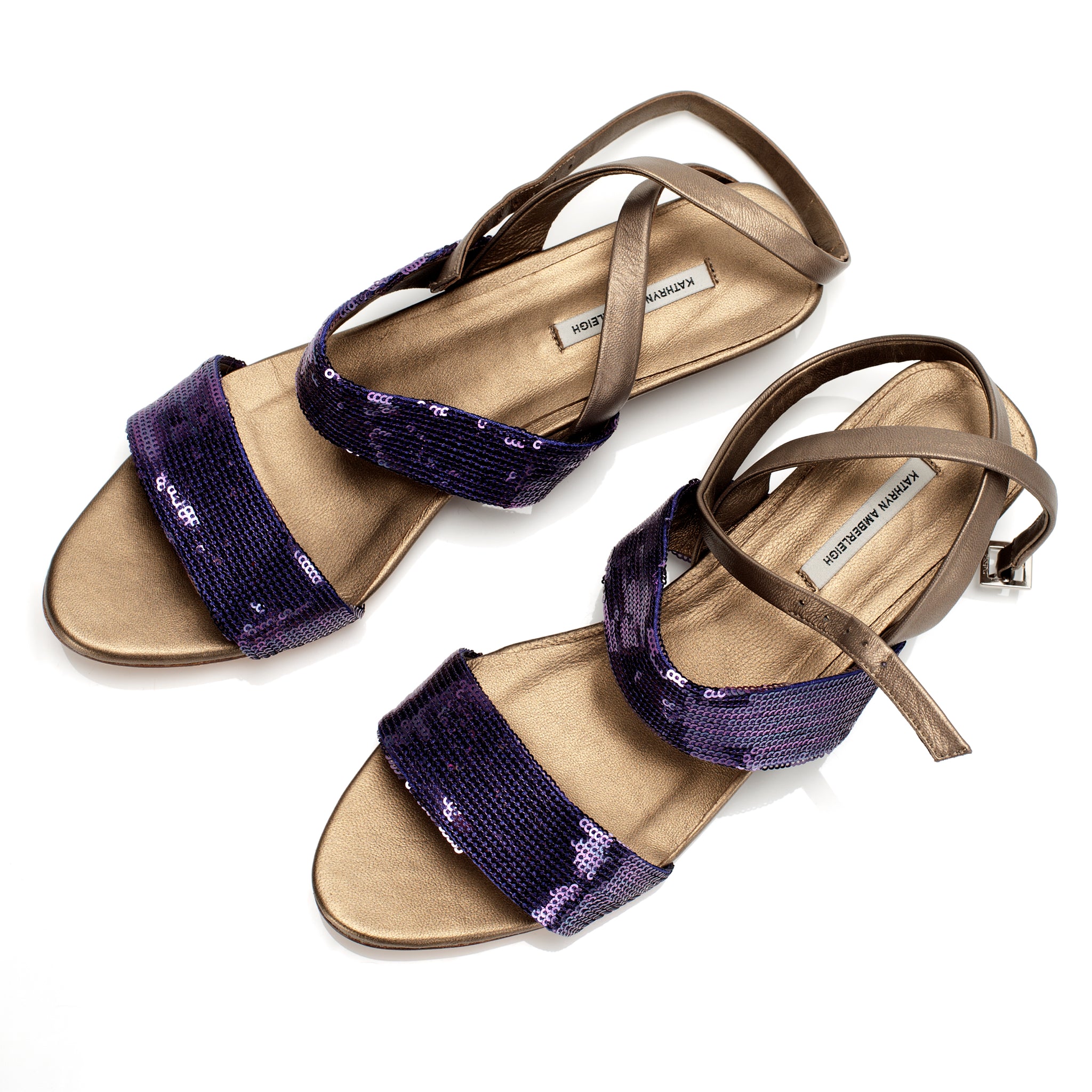 J086 sequin and leather sandals; purple and bronze