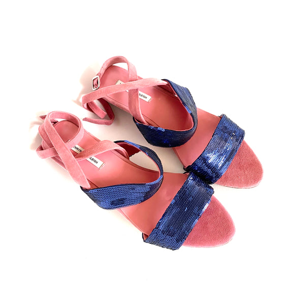 J086 sequin and suede sandals; marine and pink