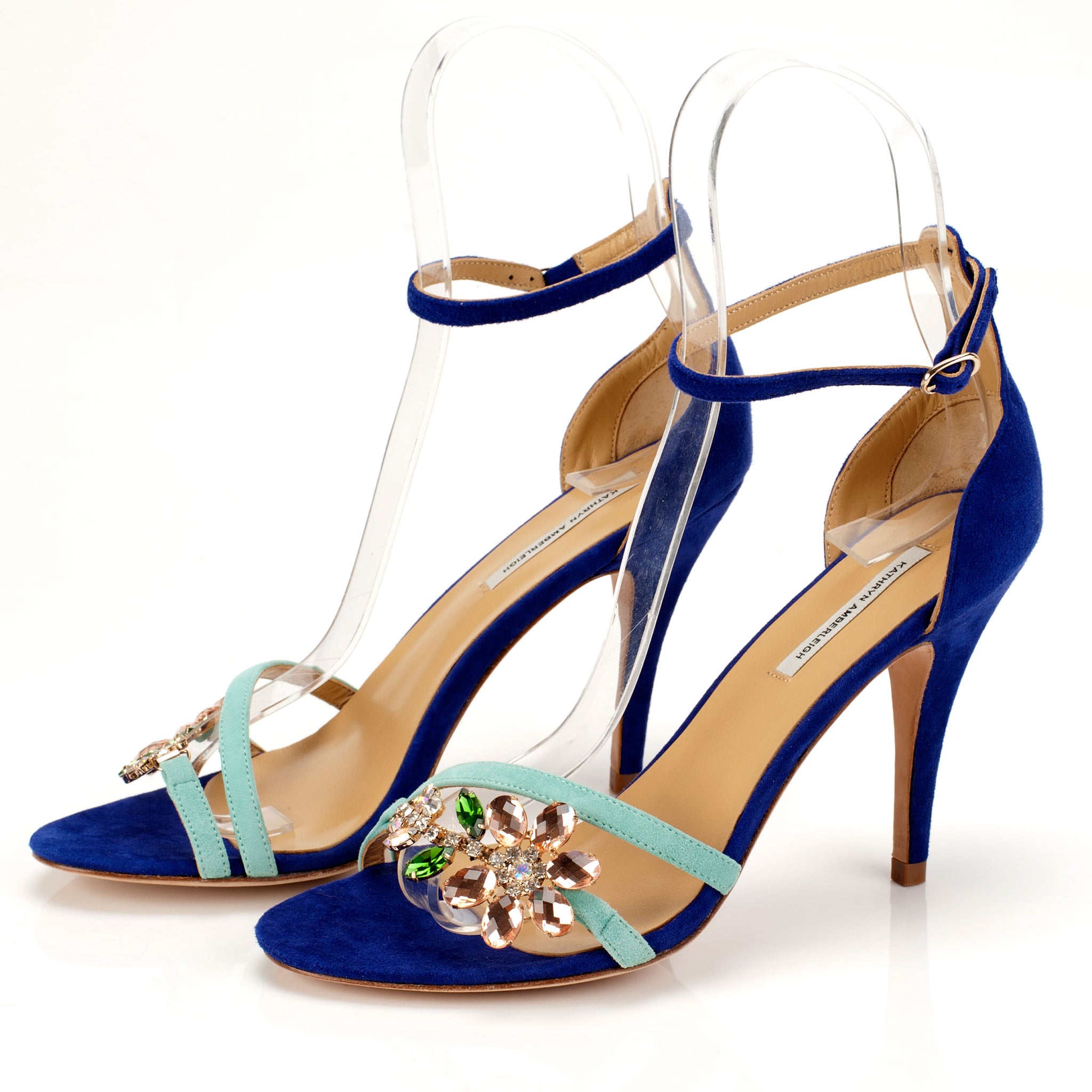 K651 suede heels; mint + marine