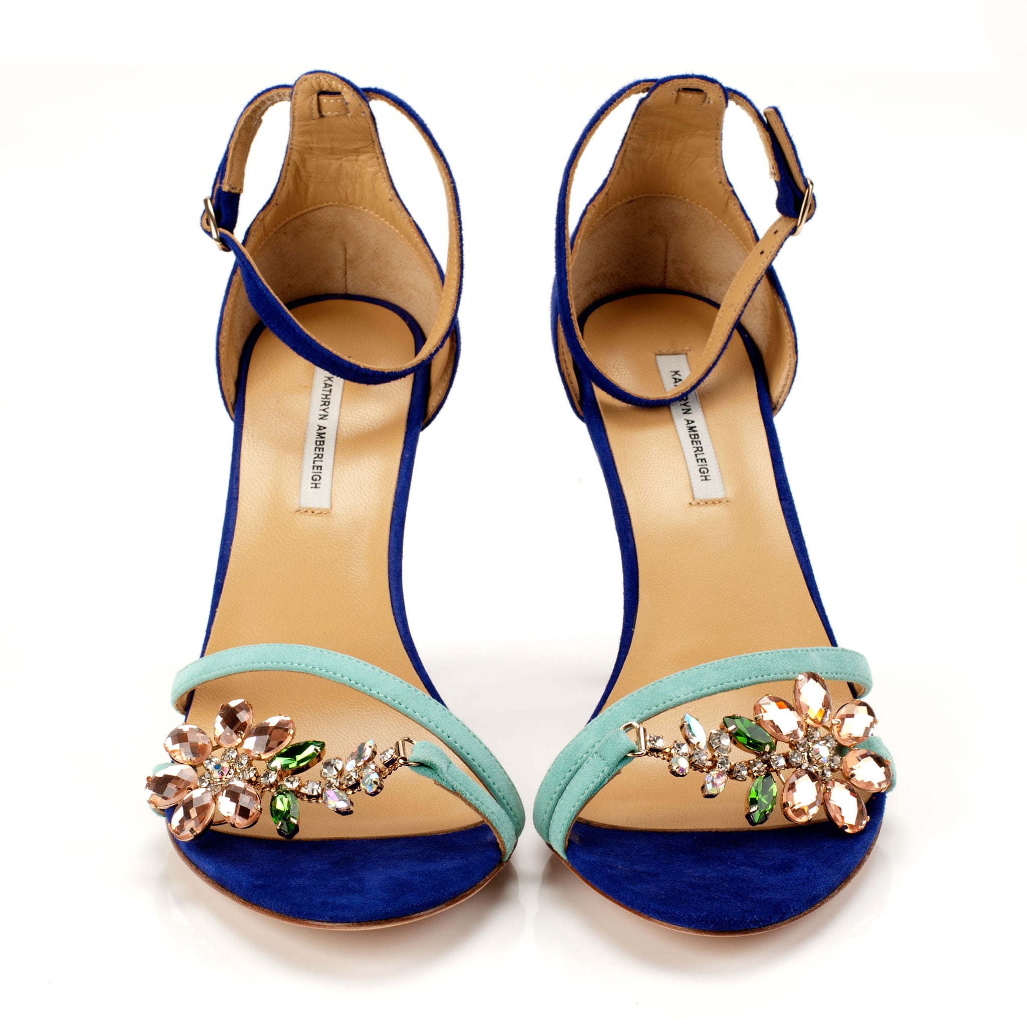 K651 suede heels; mint + marine