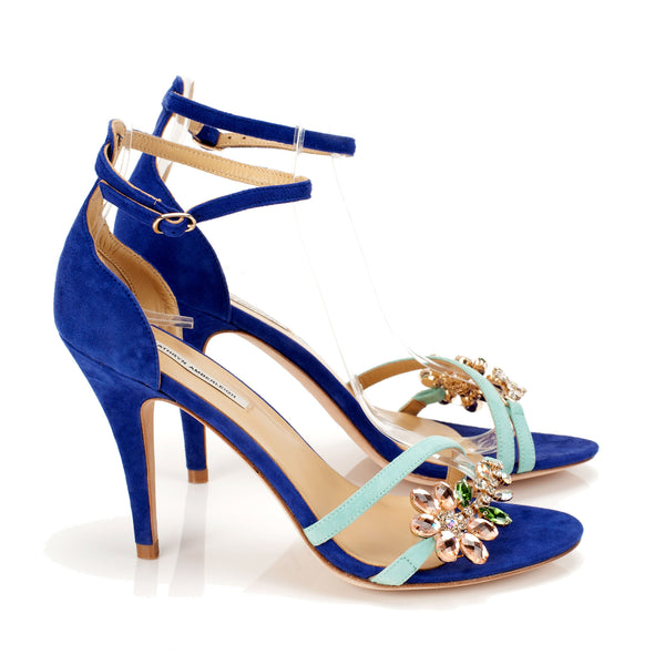 K651 suede heels; mint + marine
