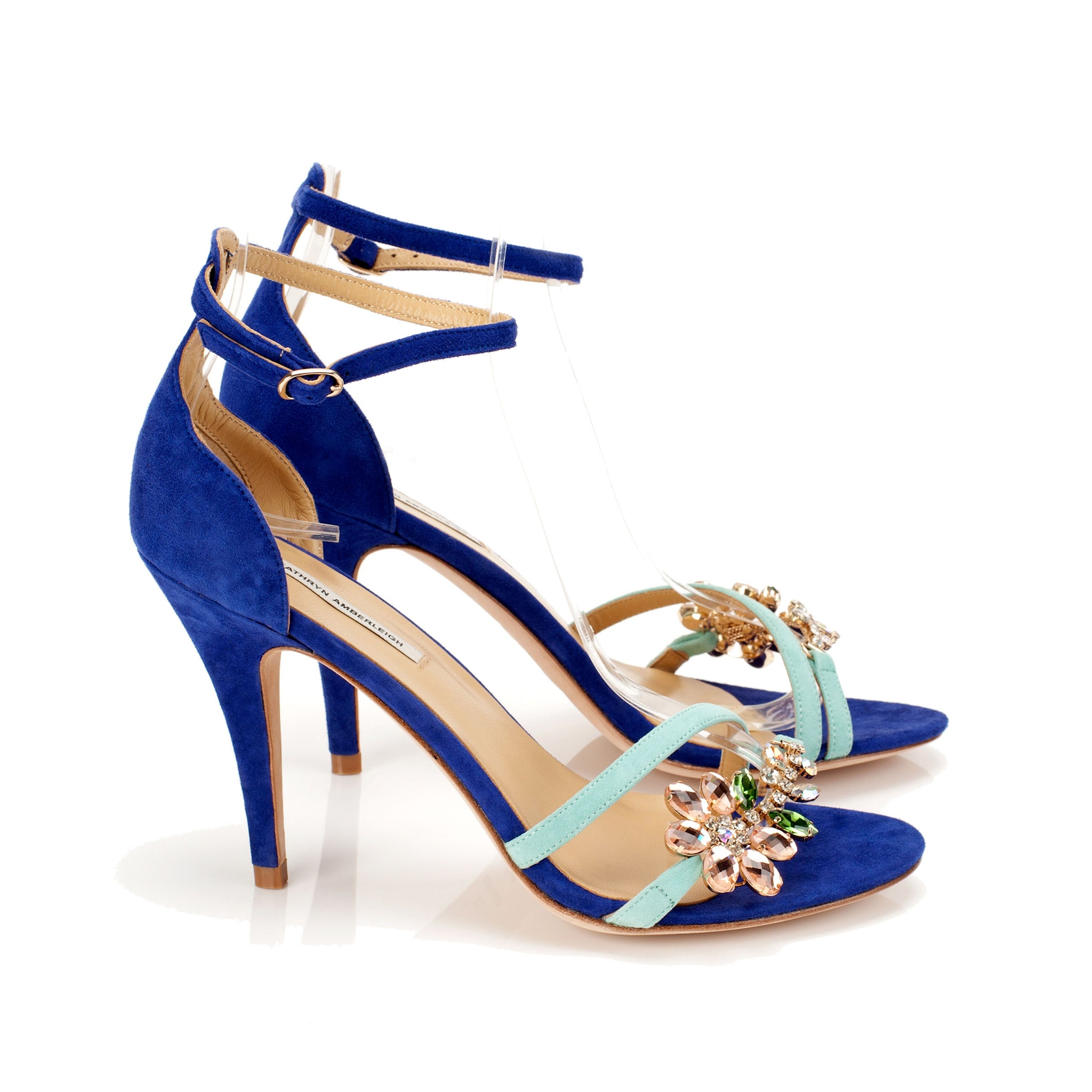 K651 suede heels; mint + marine