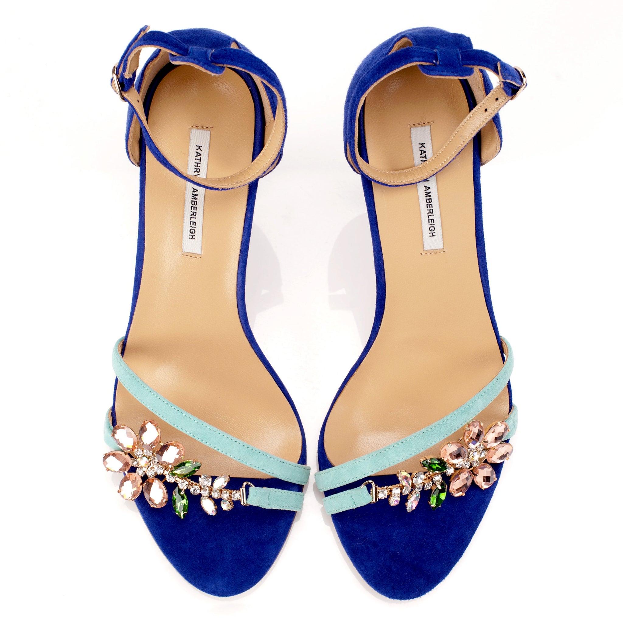 K651 suede heels; mint + marine
