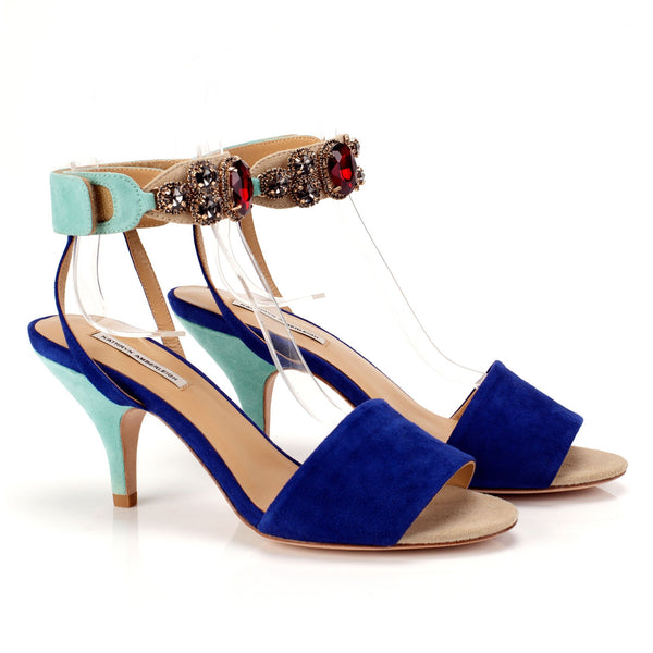K653 suede heels; marine + mint