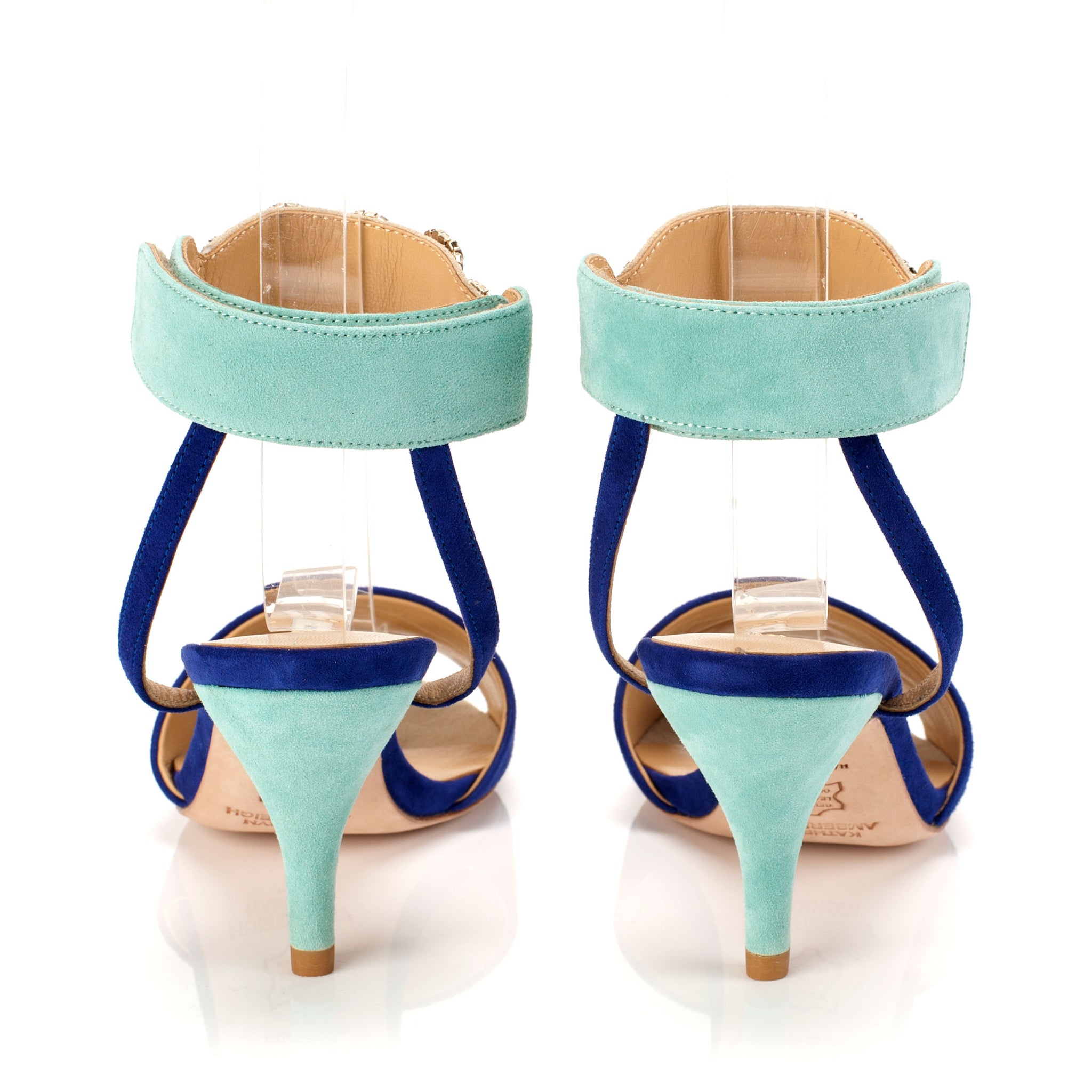K653 suede heels; marine + mint