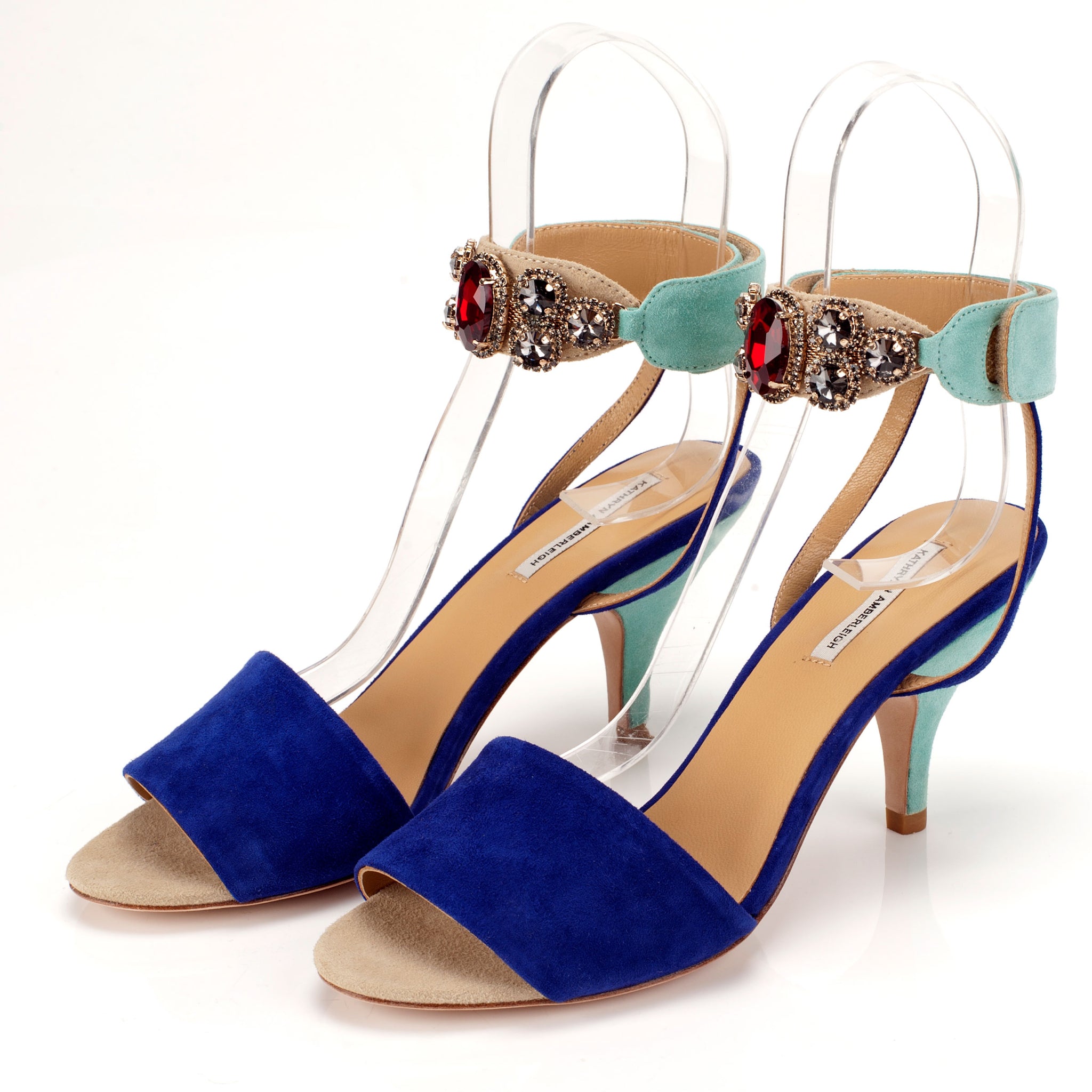 K653 suede heels; marine + mint