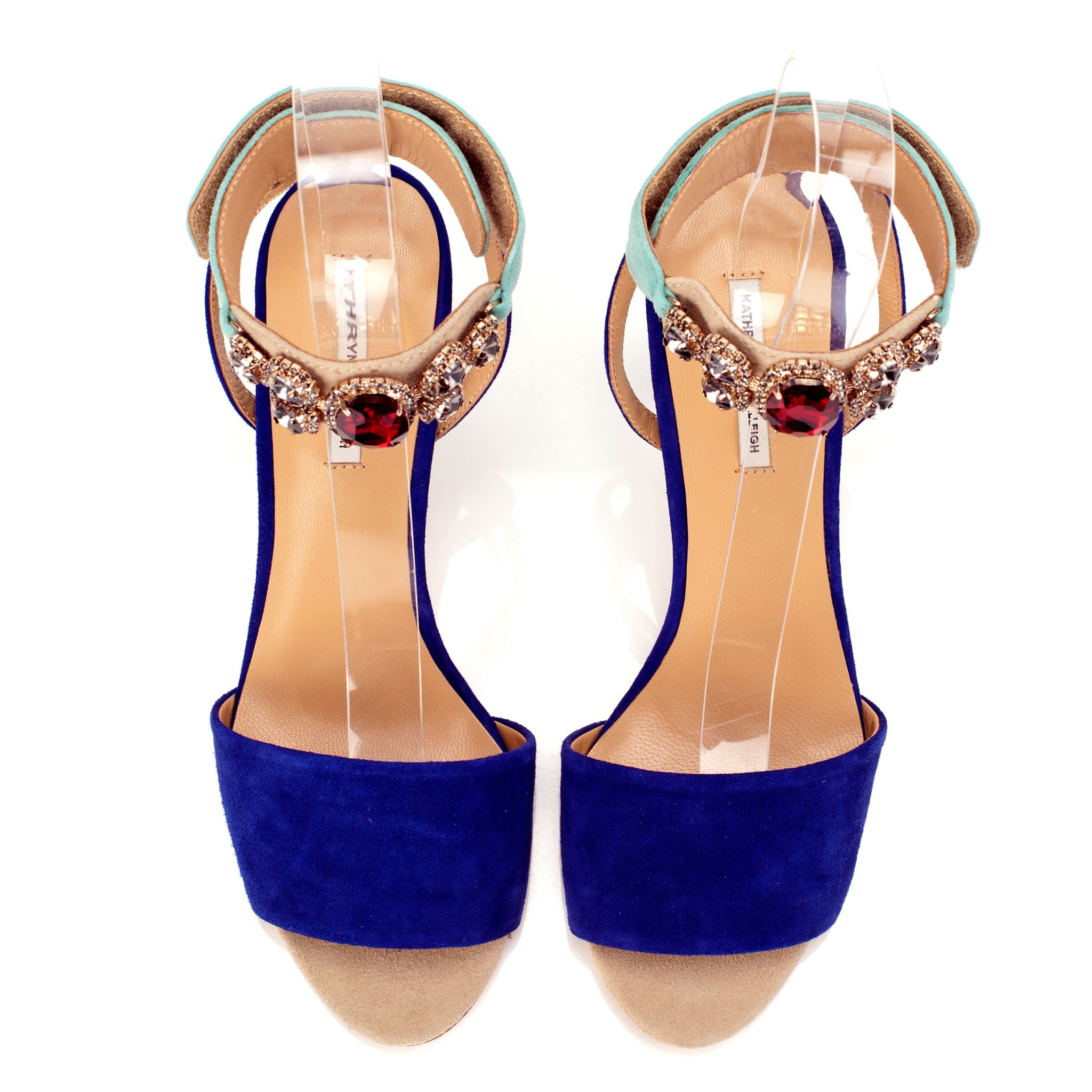 K653 suede heels; marine + mint