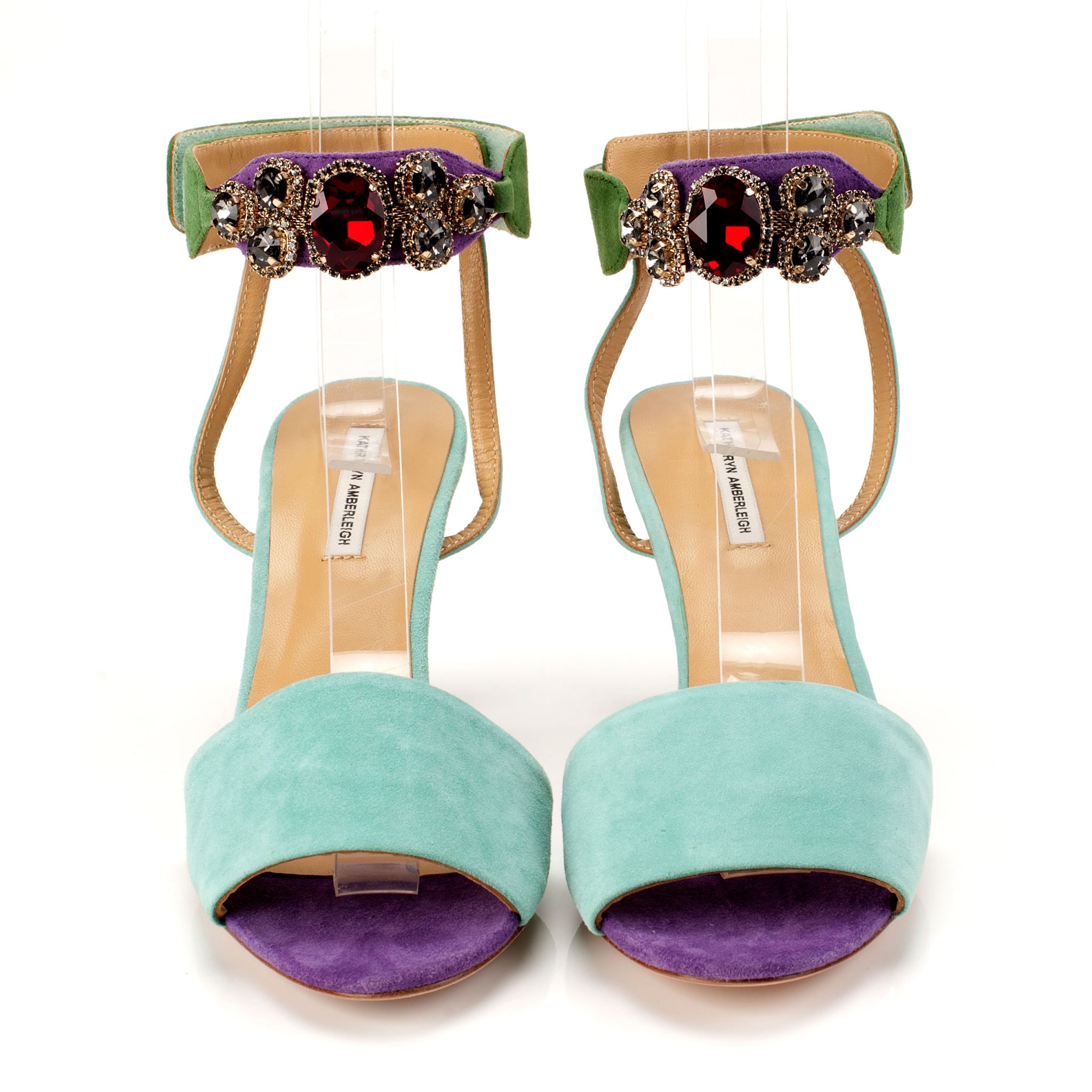 K653 suede heels; mint + green