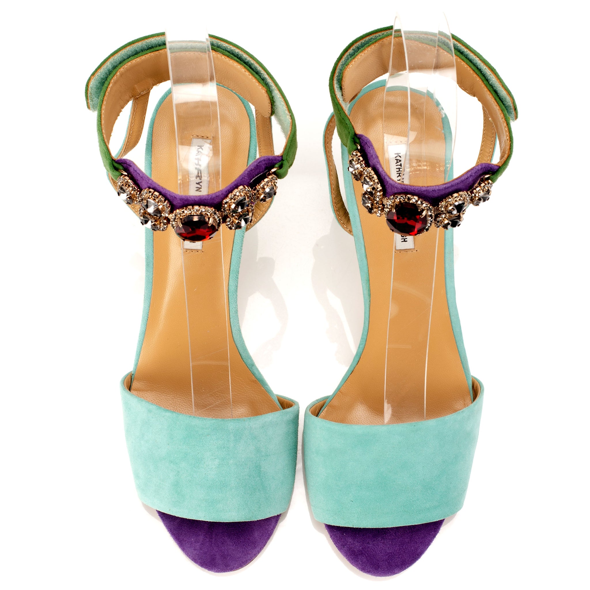 K653 suede heels; mint + green