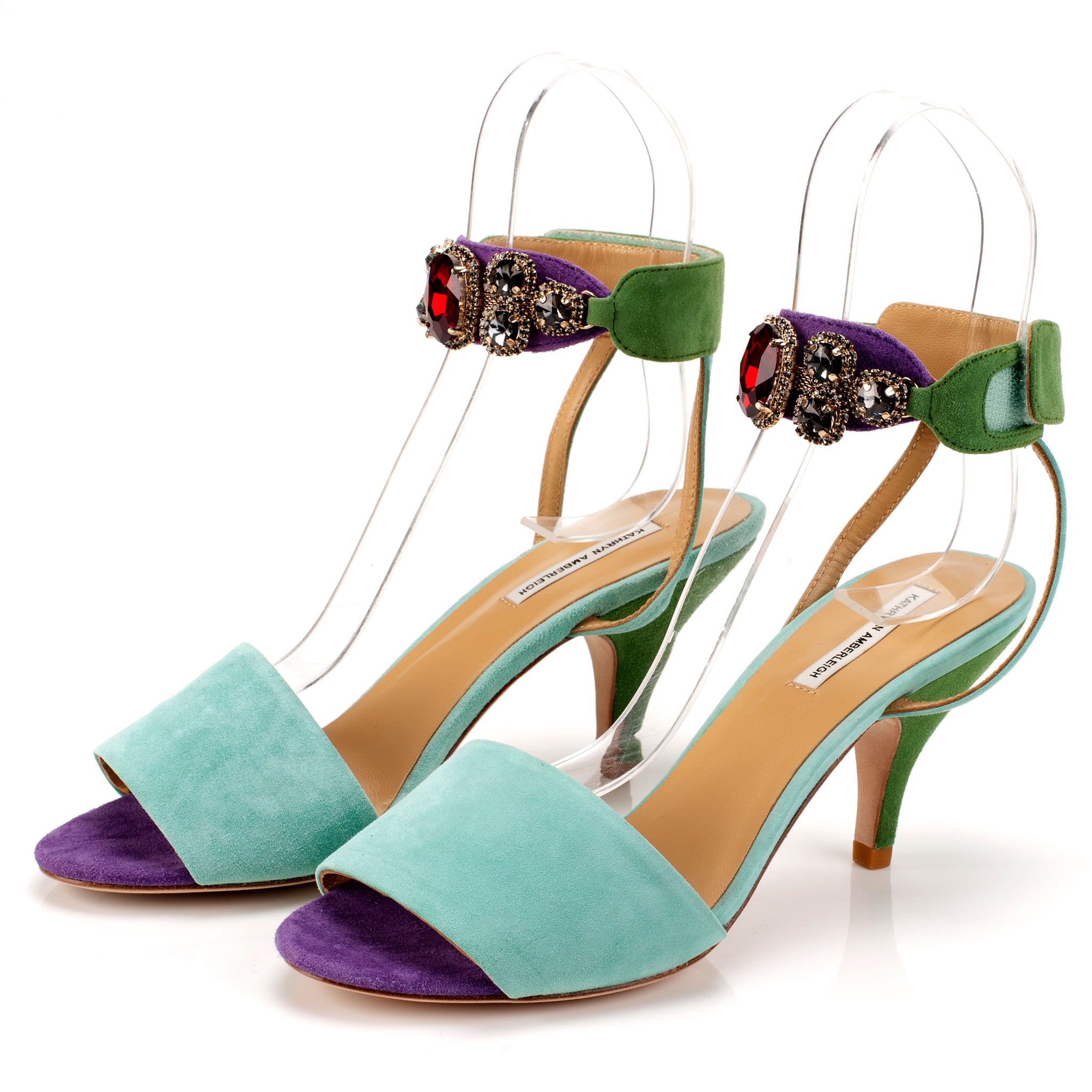 K653 suede heels; mint + green