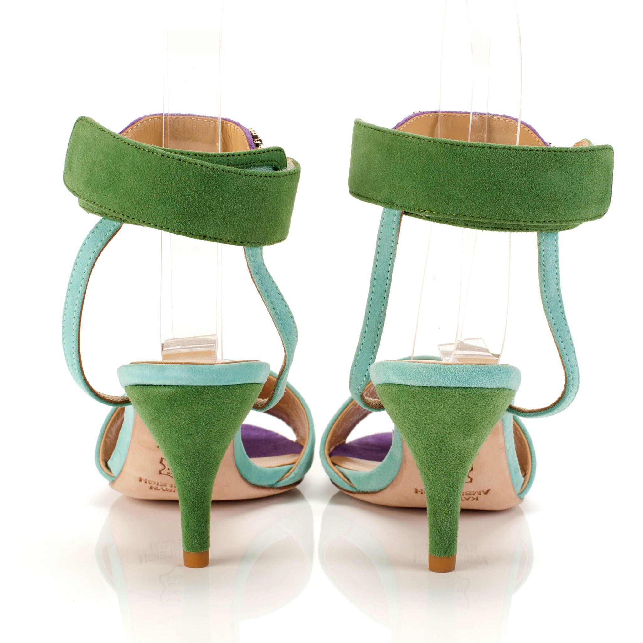 K653 suede heels; mint + green