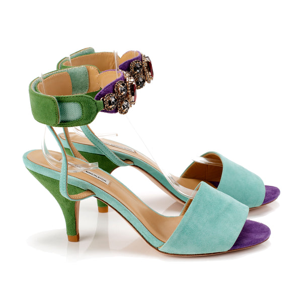 K653 suede heels; mint + green