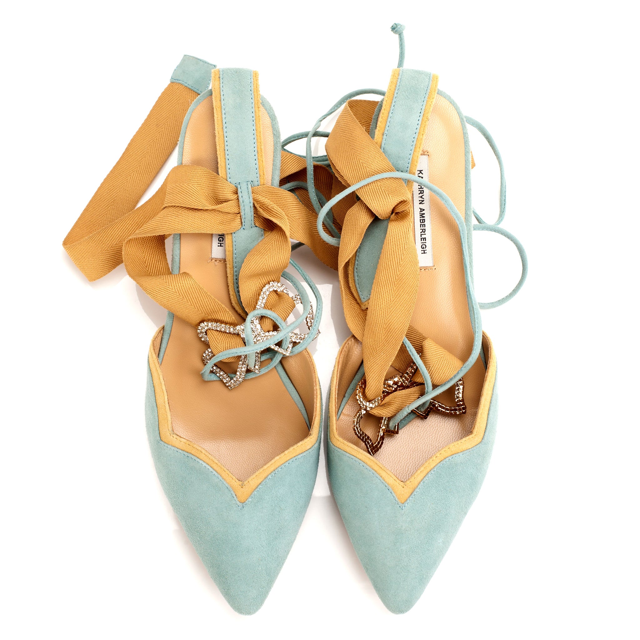 K659 suede heels; sky + yellow
