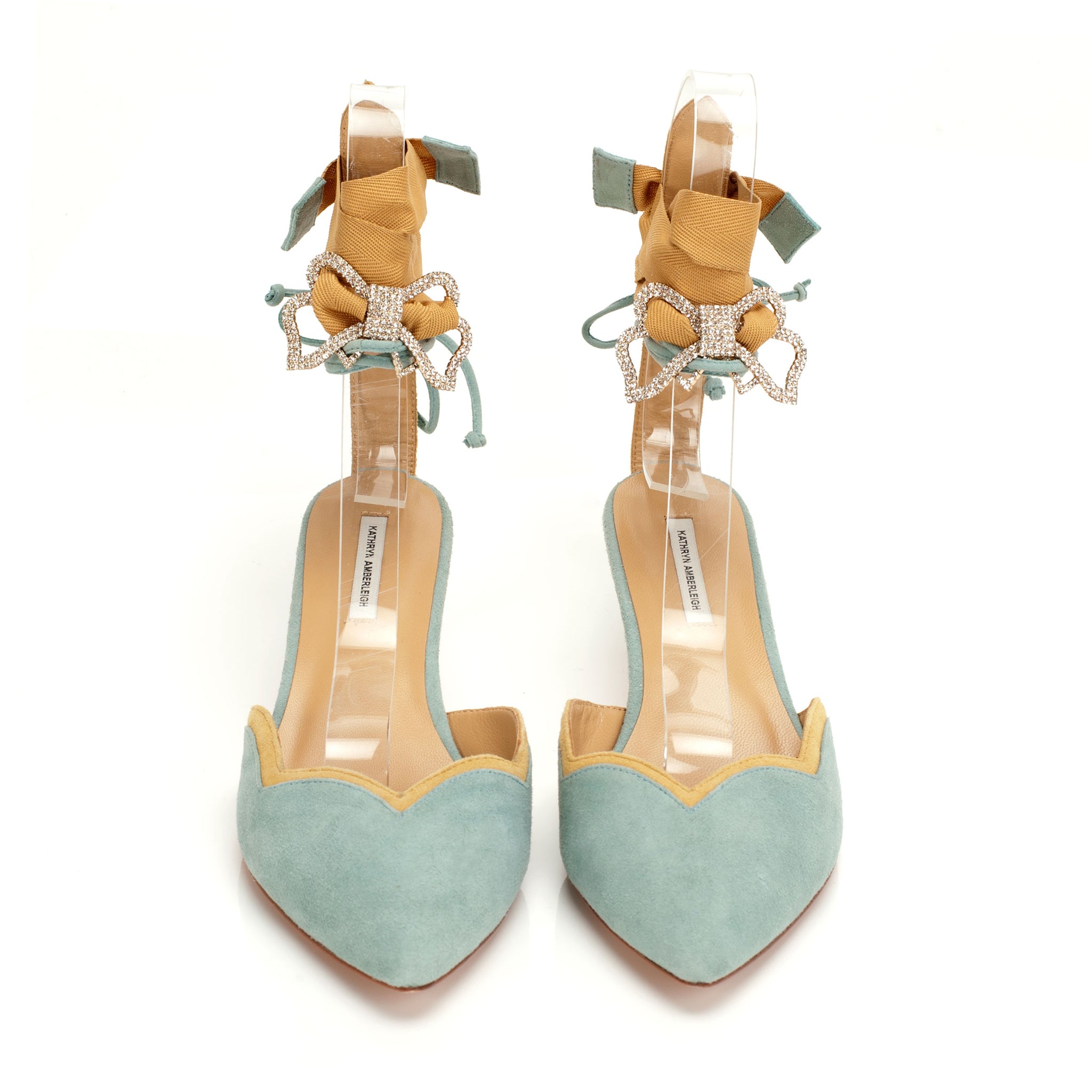 K659 suede heels; sky + yellow