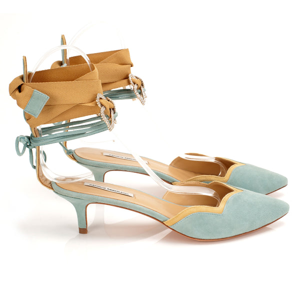 K659 suede heels; sky + yellow