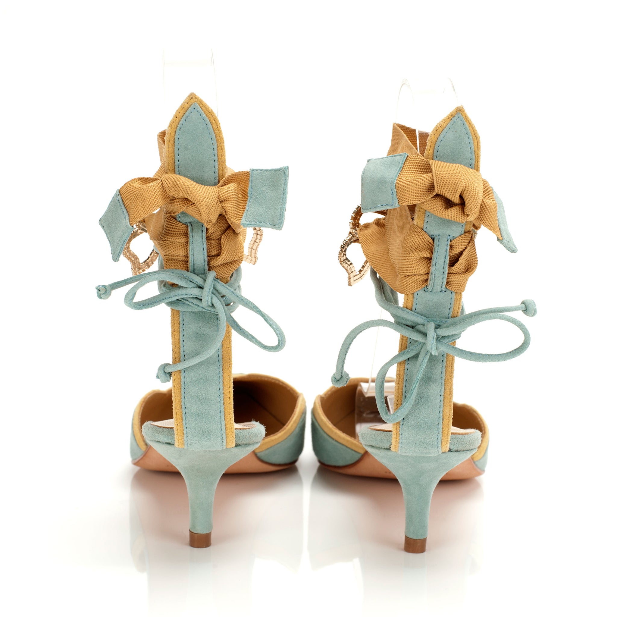 K659 suede heels; sky + yellow