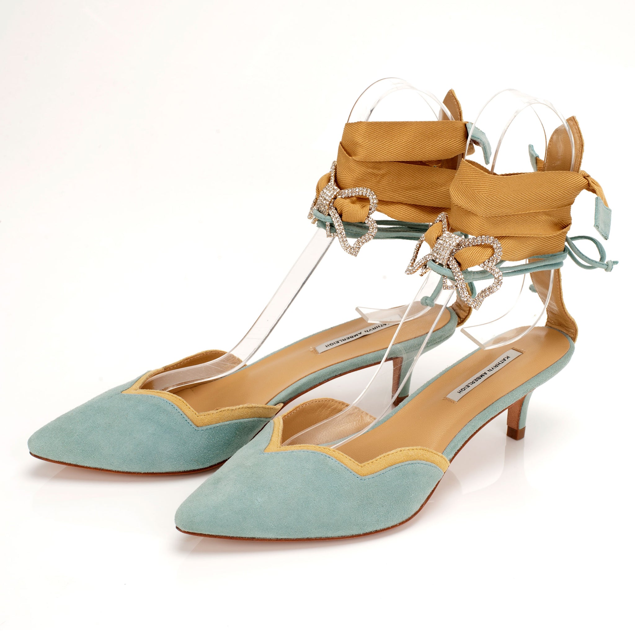K659 suede heels; sky + yellow